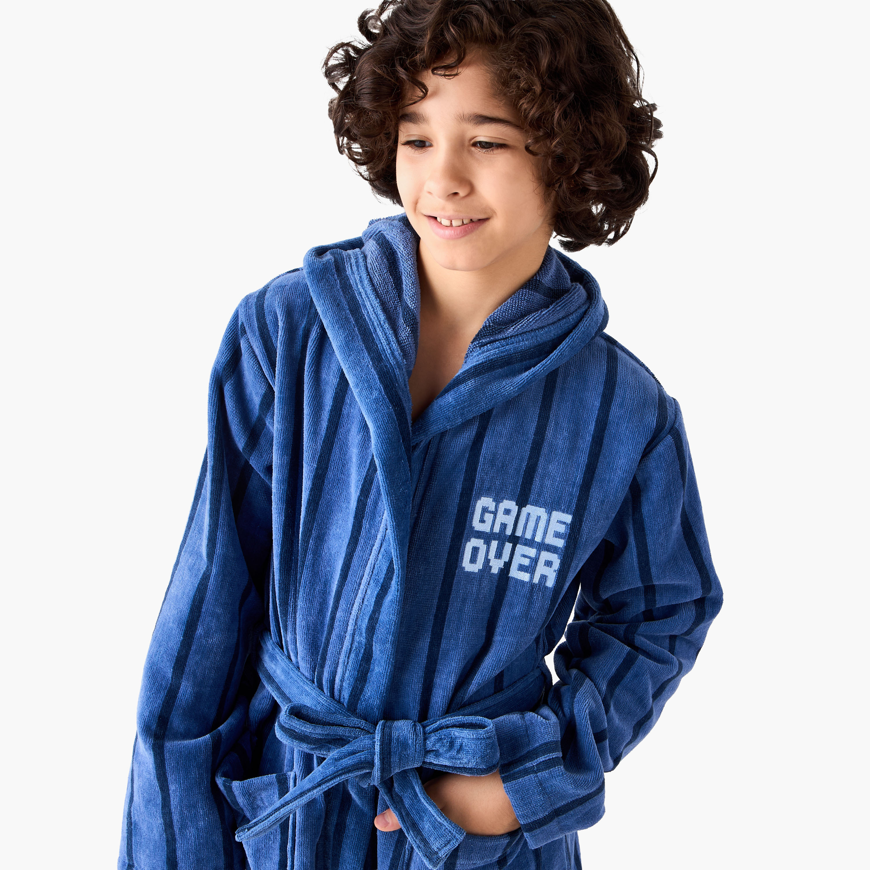 Juniors Cotton Hooded Neck Long Sleeves Bathrobe with Tie-Up Belt-boys-clothing-nightwear-image-4