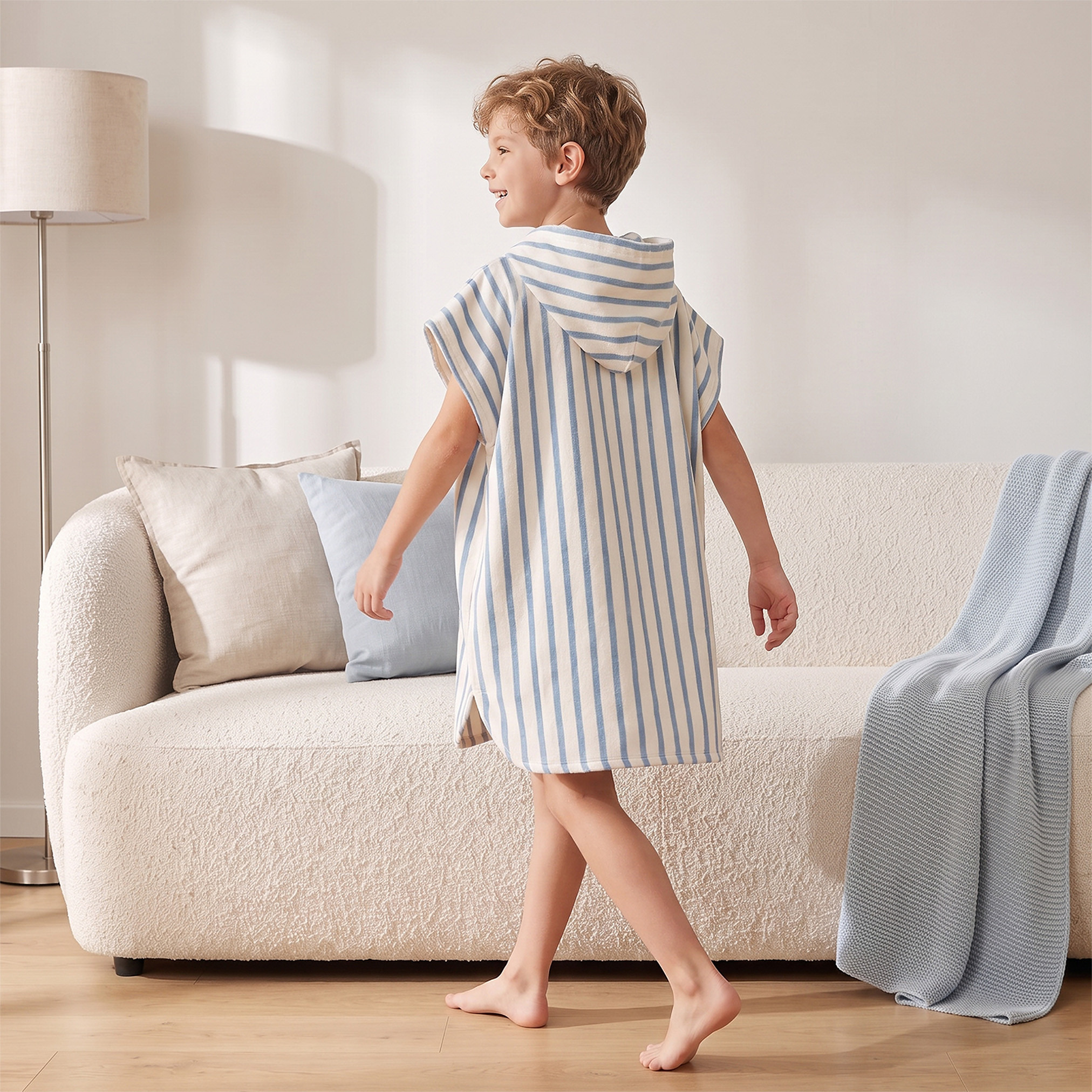 Juniors Cotton Hooded Short Sleeves Bathrobe with Striped Design-boys-clothing-nightwear-image-2