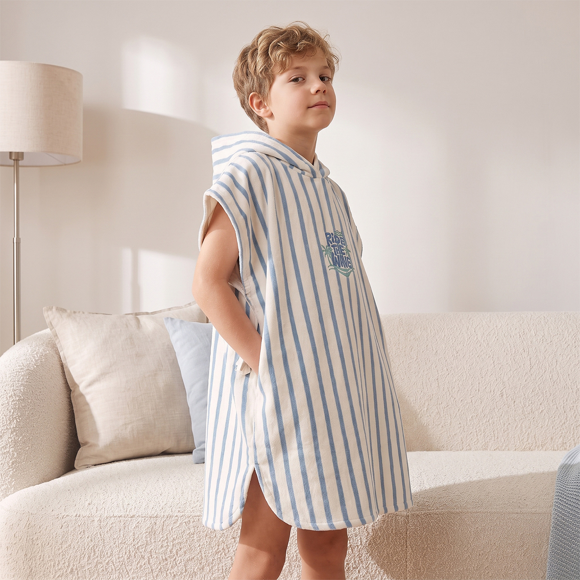 Juniors Cotton Hooded Short Sleeves Bathrobe with Striped Design-boys-clothing-nightwear-image-5