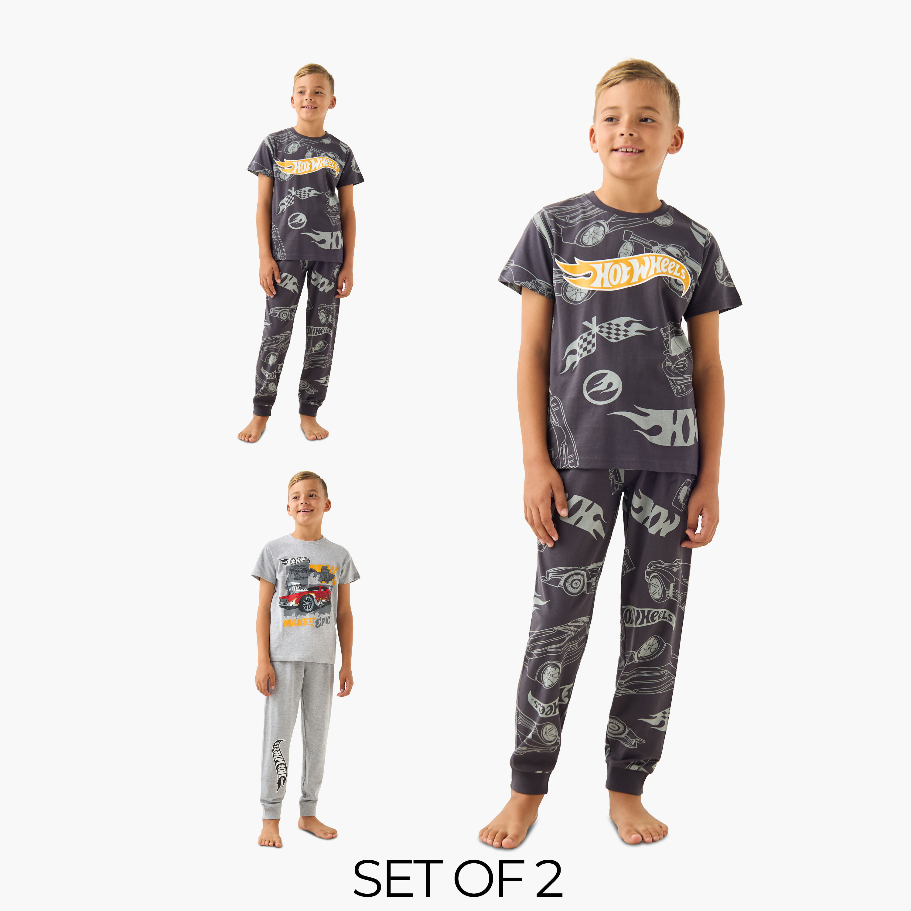 Pack of 2 Cotton Crew Neck Short Sleeves Pyjama Set with Hot Wheels Print-boys-clothing-nightwear-image-1