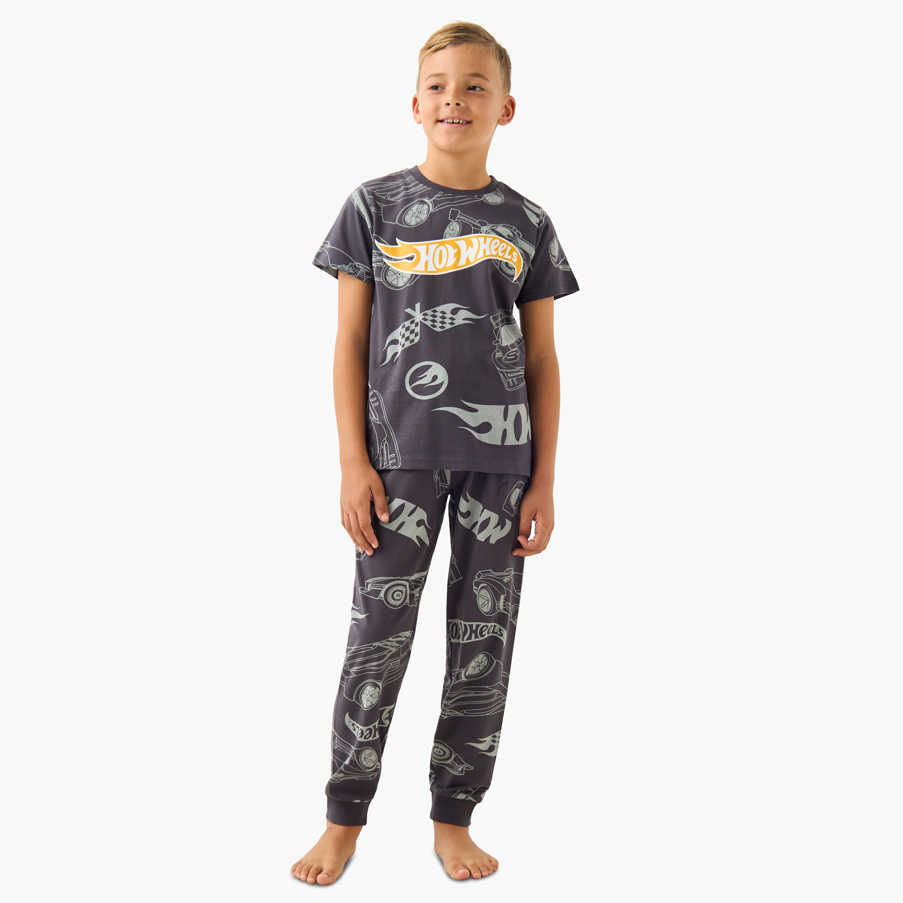 Pack of 2 Cotton Crew Neck Short Sleeves Pyjama Set with Hot Wheels Print-boys-clothing-nightwear-image-3
