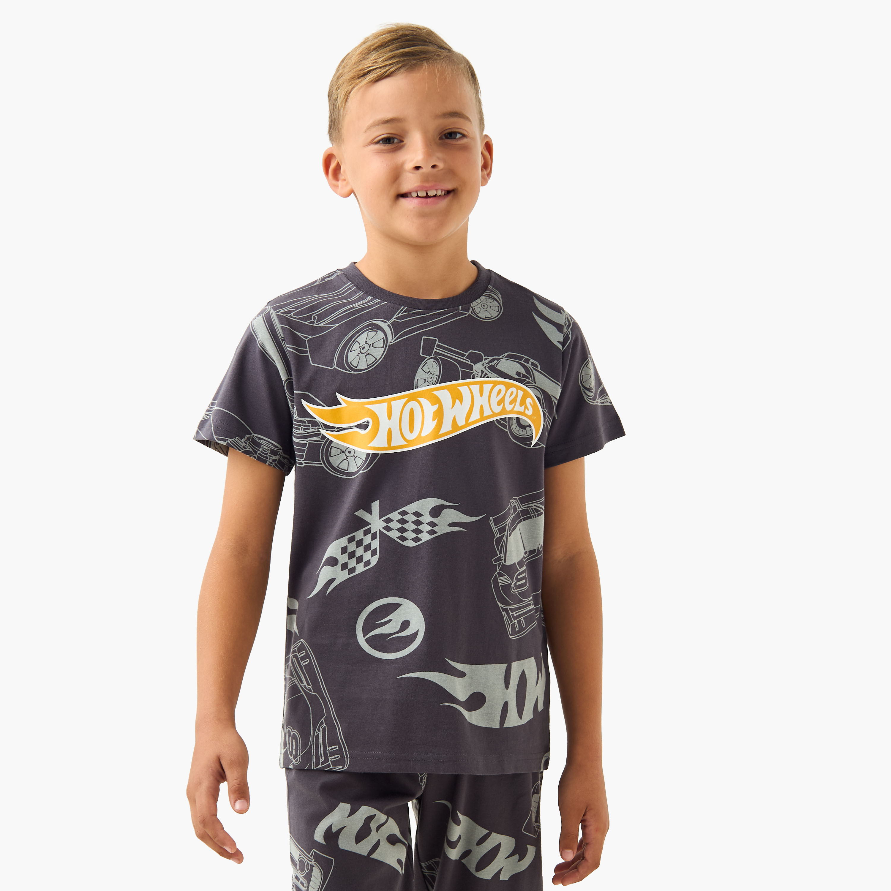 Pack of 2 Cotton Crew Neck Short Sleeves Pyjama Set with Hot Wheels Print-boys-clothing-nightwear-image-4