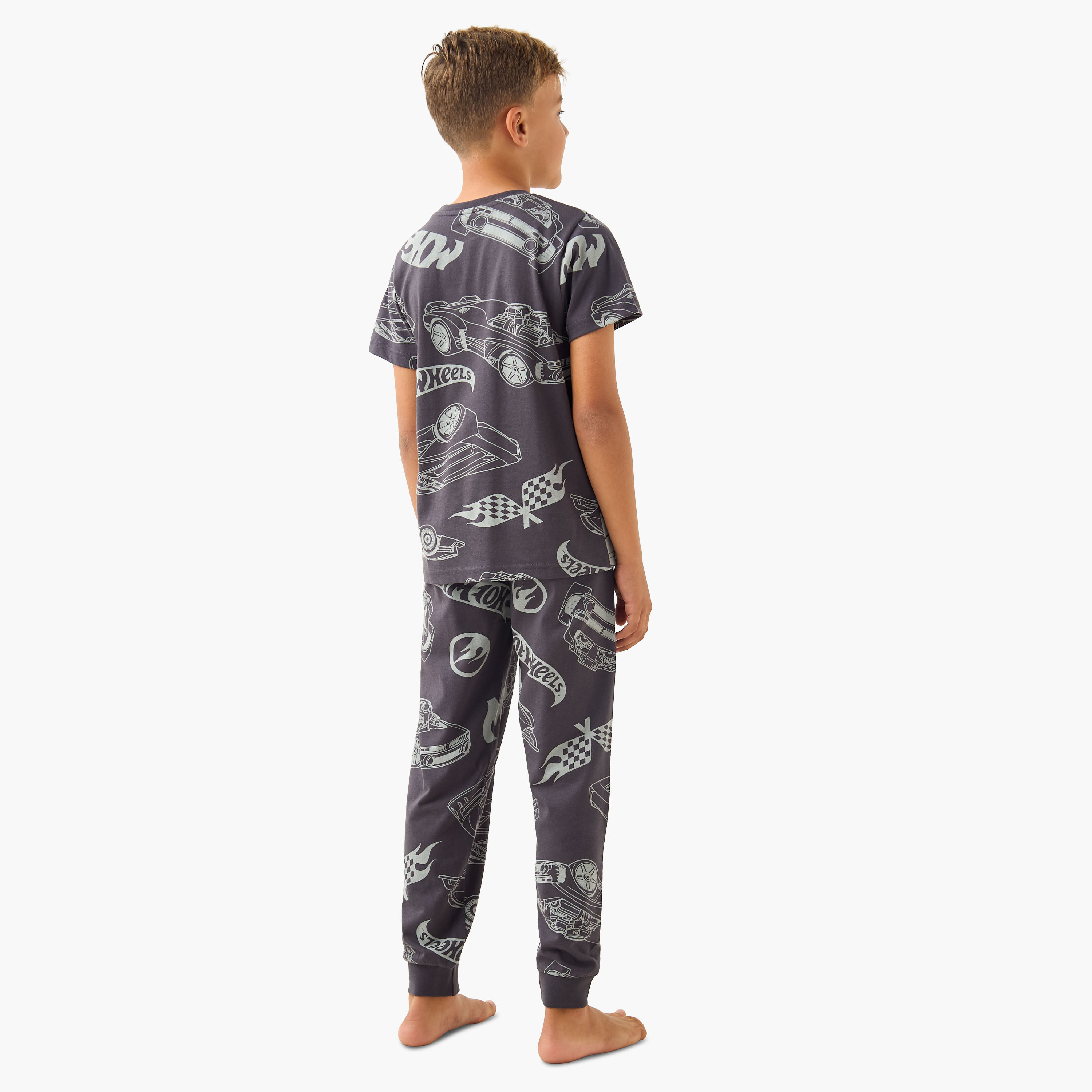Pack of 2 Cotton Crew Neck Short Sleeves Pyjama Set with Hot Wheels Print-boys-clothing-nightwear-image-6