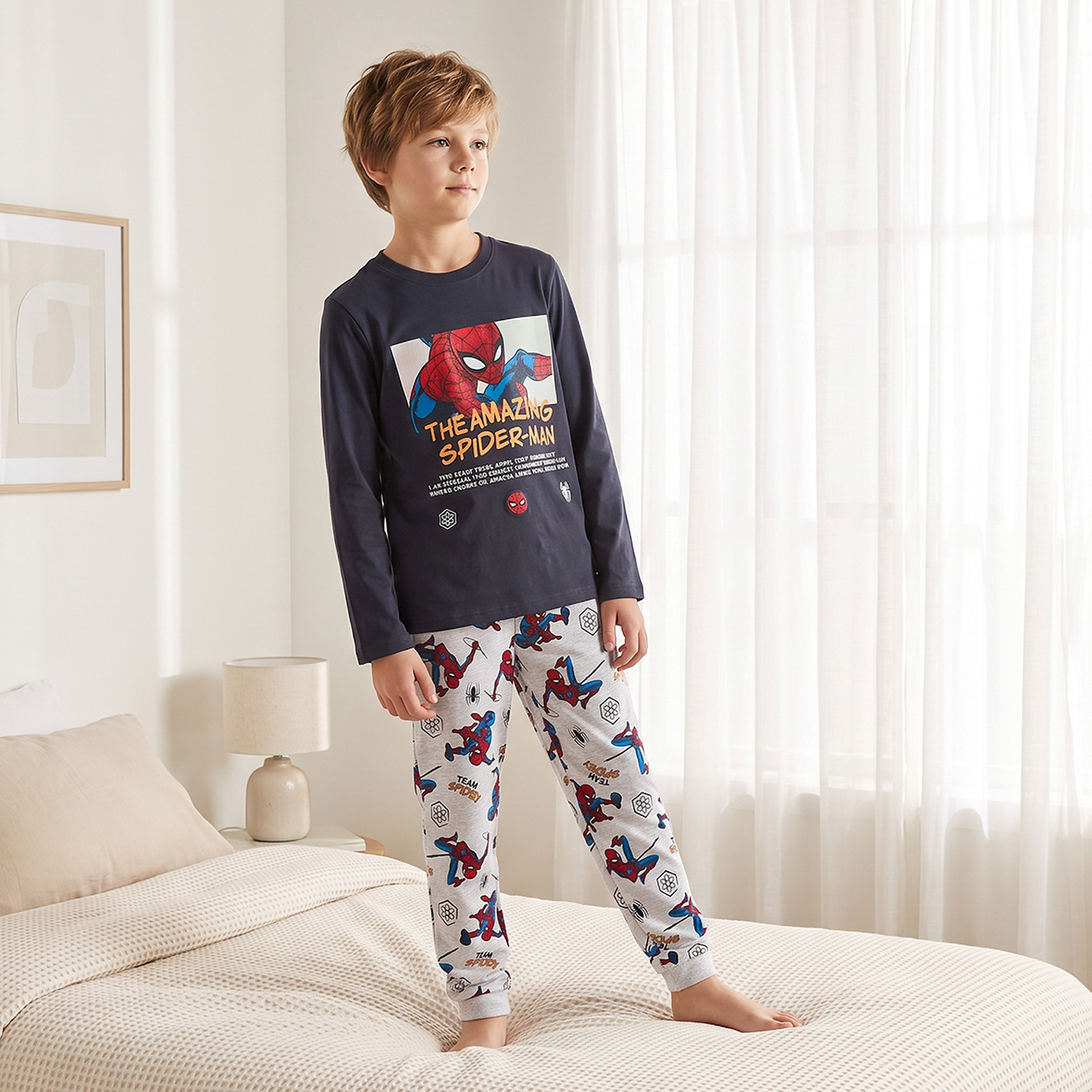 Cotton Crew Neck Long Sleeves Pyjama Set with Spider-Man Print-boys-clothing-nightwear-image-1