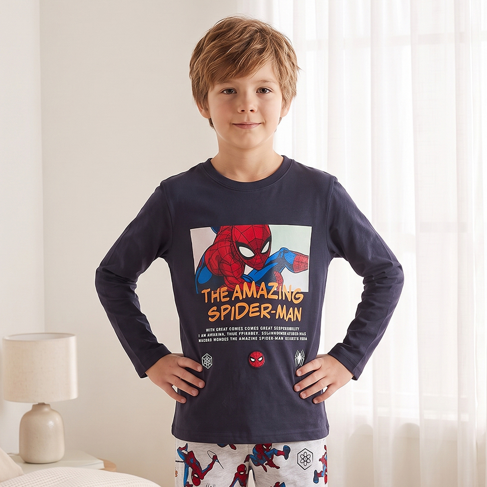 Cotton Crew Neck Long Sleeves Pyjama Set with Spider-Man Print-boys-clothing-nightwear-image-2