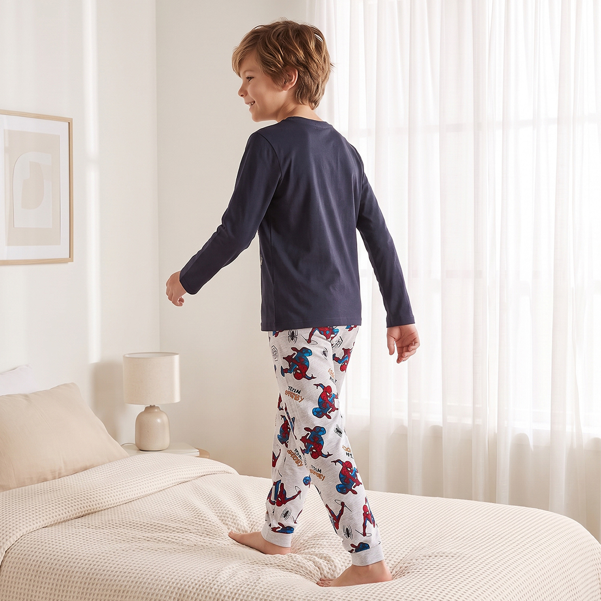 Cotton Crew Neck Long Sleeves Pyjama Set with Spider-Man Print-boys-clothing-nightwear-image-4