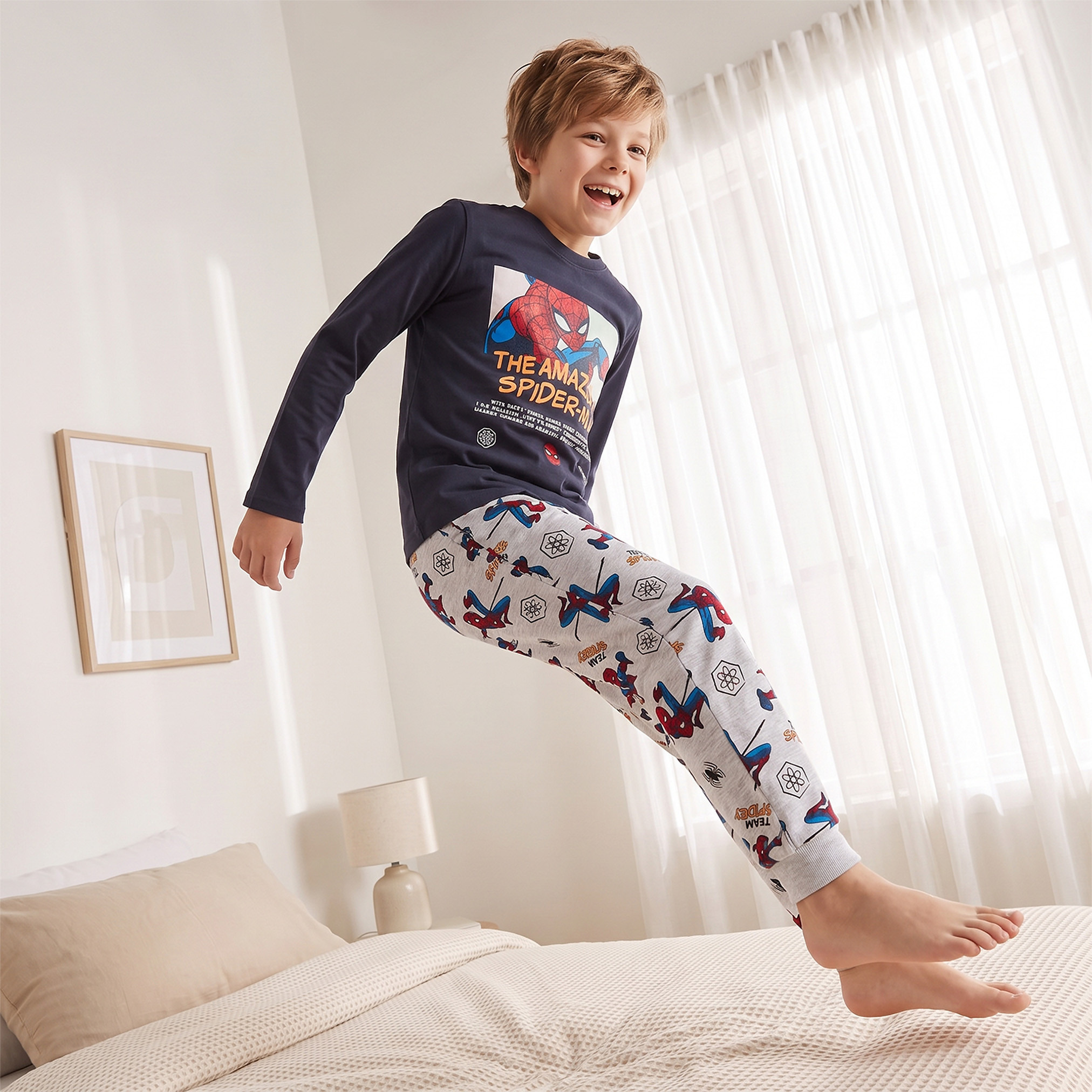 Cotton Crew Neck Long Sleeves Pyjama Set with Spider-Man Print-boys-clothing-nightwear-image-7