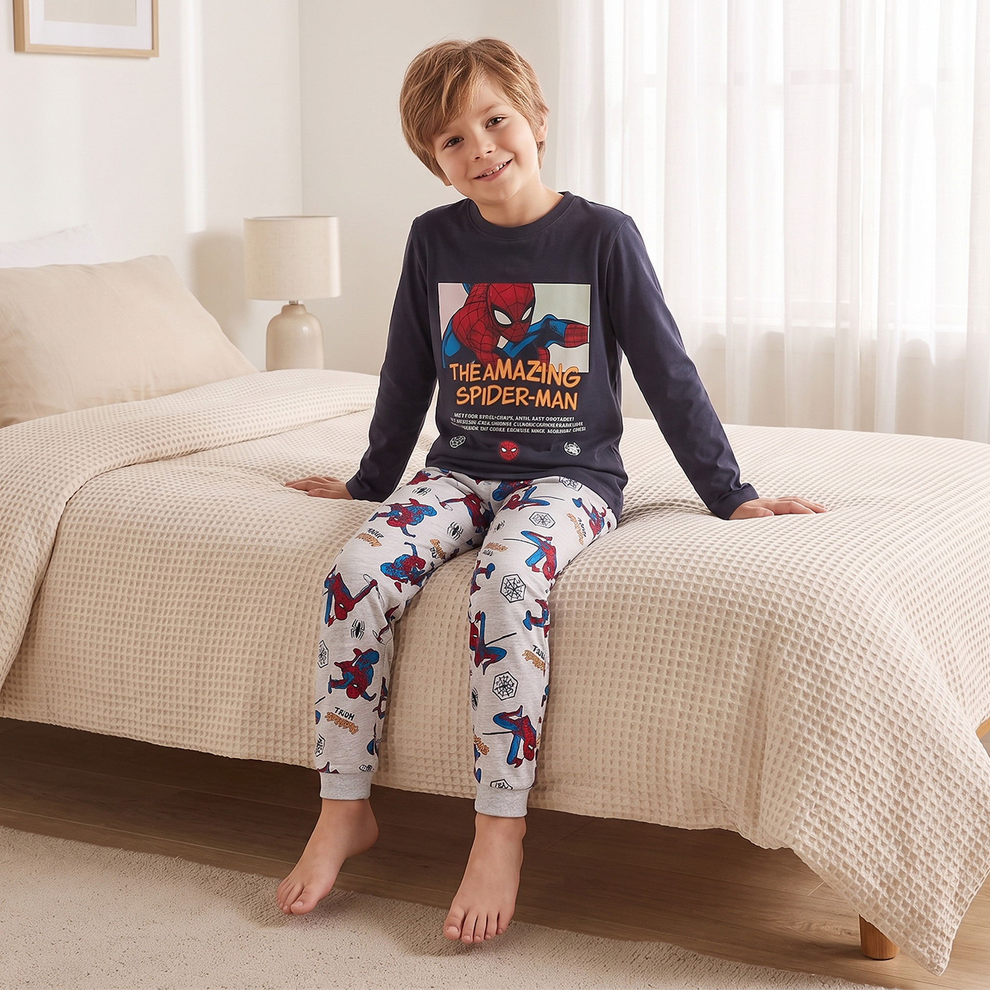 Cotton Crew Neck Long Sleeves Pyjama Set with Spider-Man Print-boys-clothing-nightwear-image-8