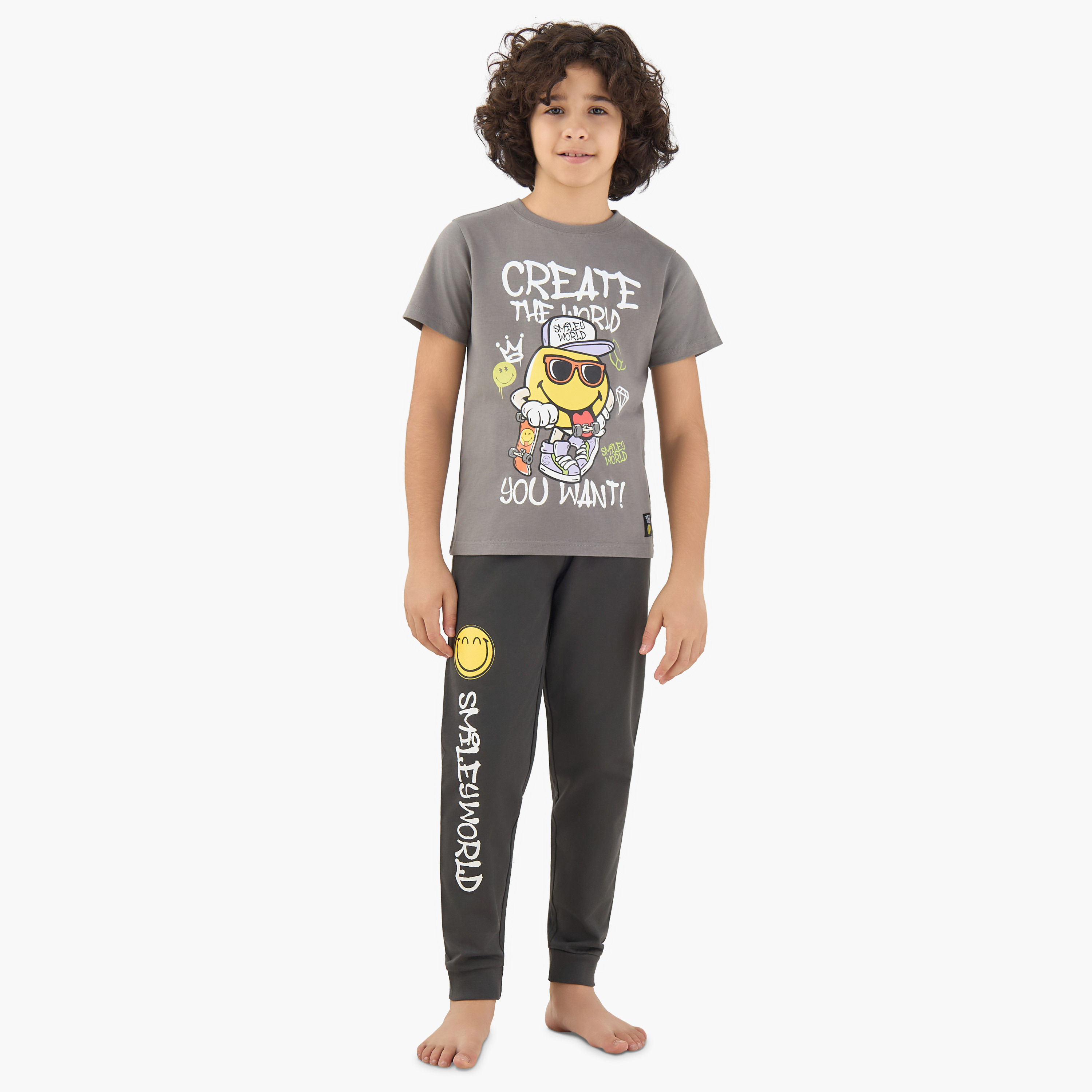 SmileyWorld Cotton Crew Neck Short Sleeves Pyjama Set with Fun Print-boys-clothing-nightwear-image-1