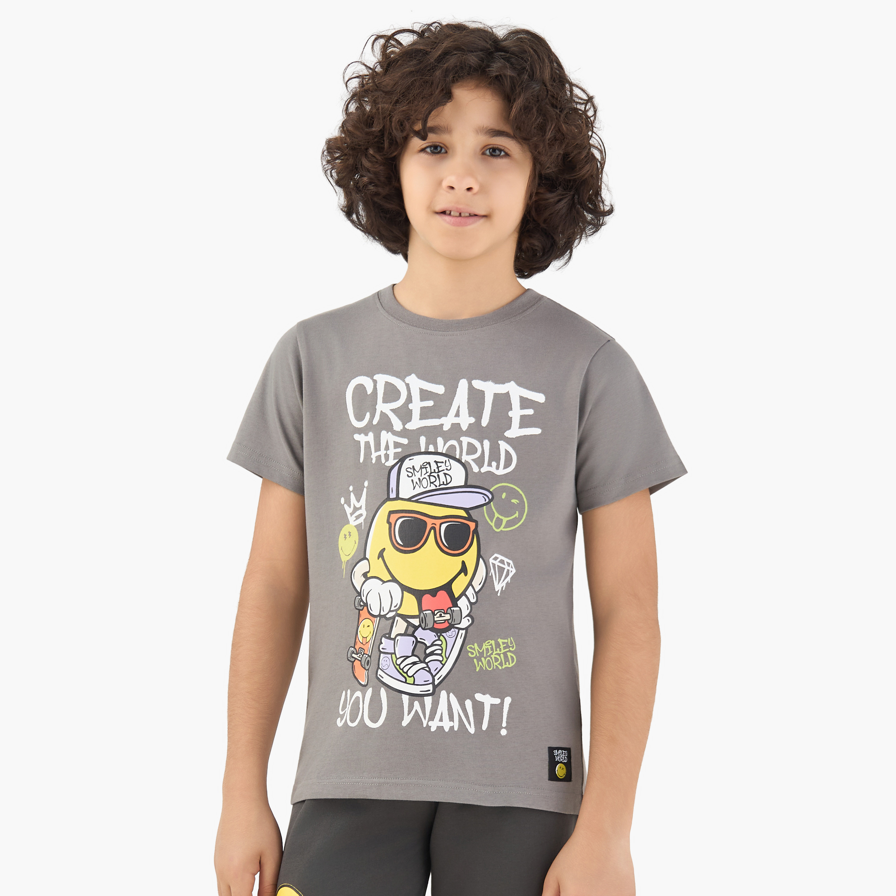 SmileyWorld Cotton Crew Neck Short Sleeves Pyjama Set with Fun Print-boys-clothing-nightwear-image-2