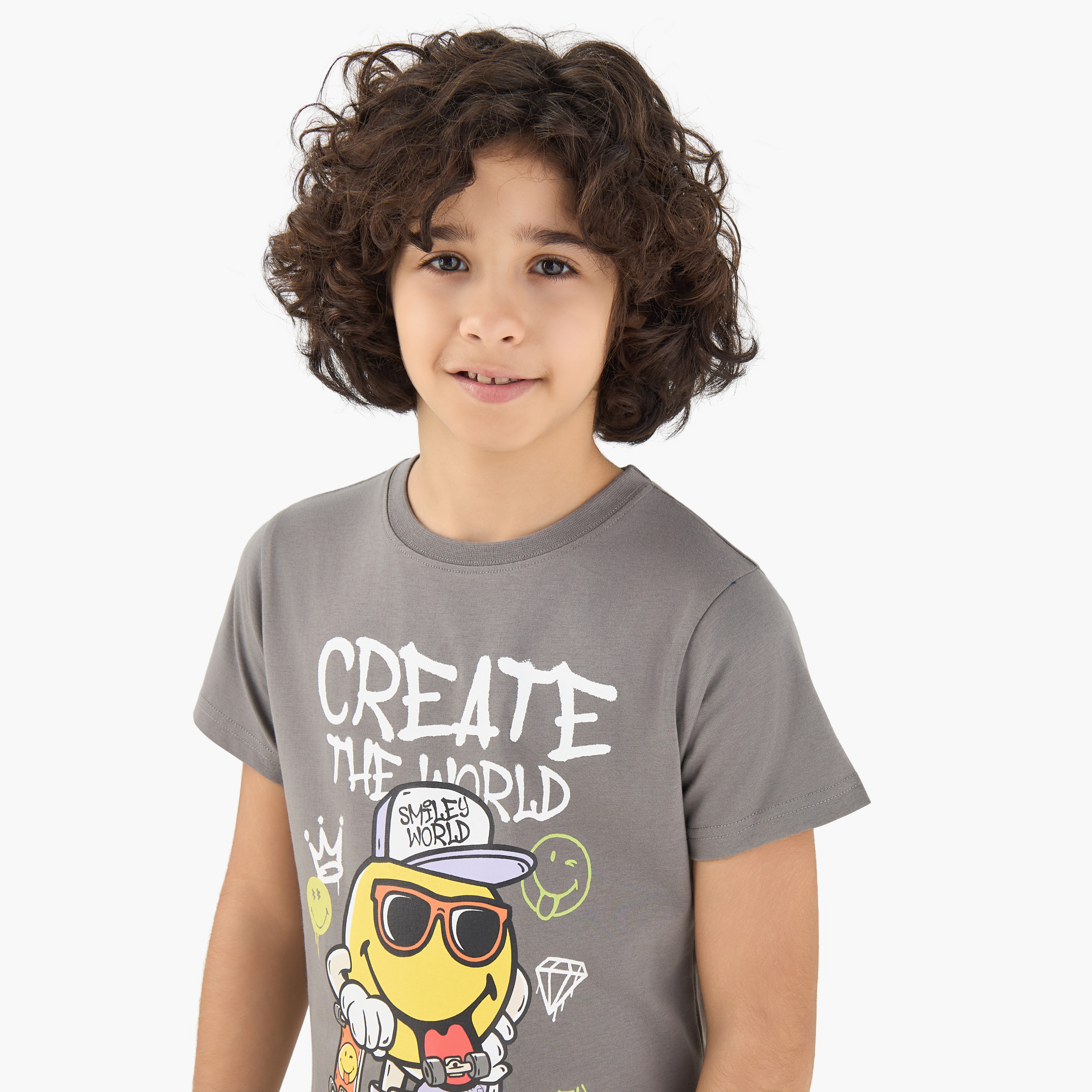 SmileyWorld Cotton Crew Neck Short Sleeves Pyjama Set with Fun Print-boys-clothing-nightwear-image-5