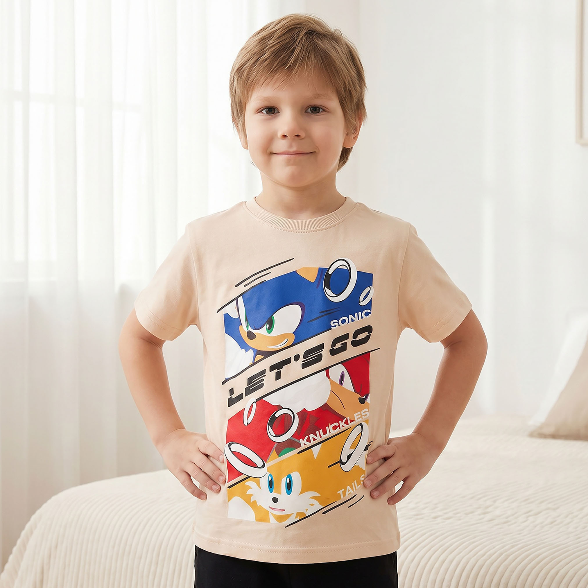 Cotton Crew Neck Short Sleeves Pyjama Set with Sonic the Hedgehog Print-boys-clothing-nightwear-image-2