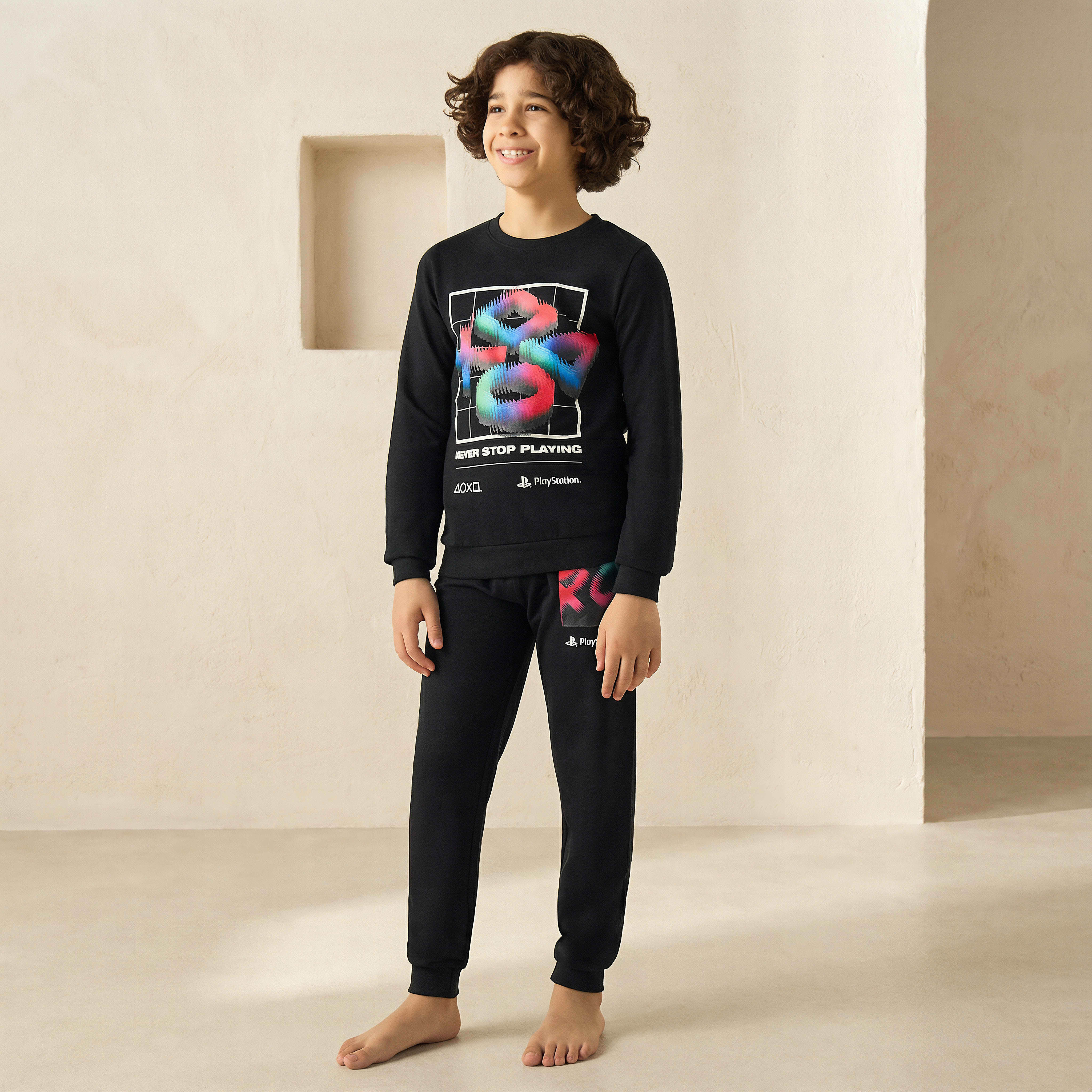 PlayStation Cotton Crew Neck Long Sleeves Pyjama Set with Graphic Print-boys-clothing-nightwear-image-1
