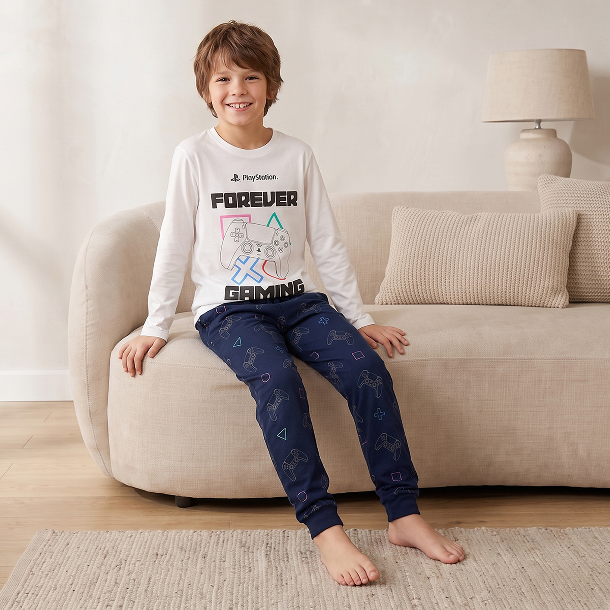طقم بيجاما قطن بياقة ضيقة وأكمام طويلة وطبعات بلاي ستيشن-boys-clothing-nightwear-image-10