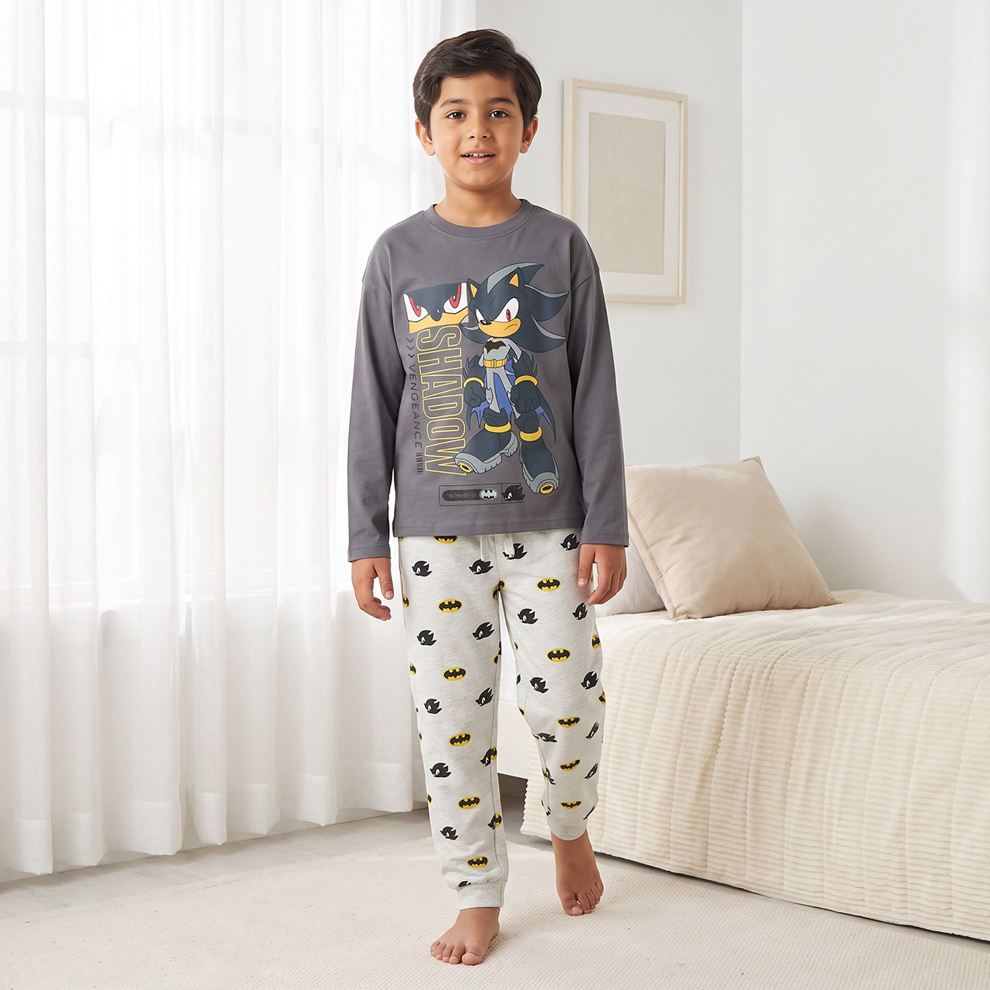 Cotton Crew Neck Long Sleeves Pyjama Set with Sonic and Batman Print-boys-clothing-nightwear-image-1