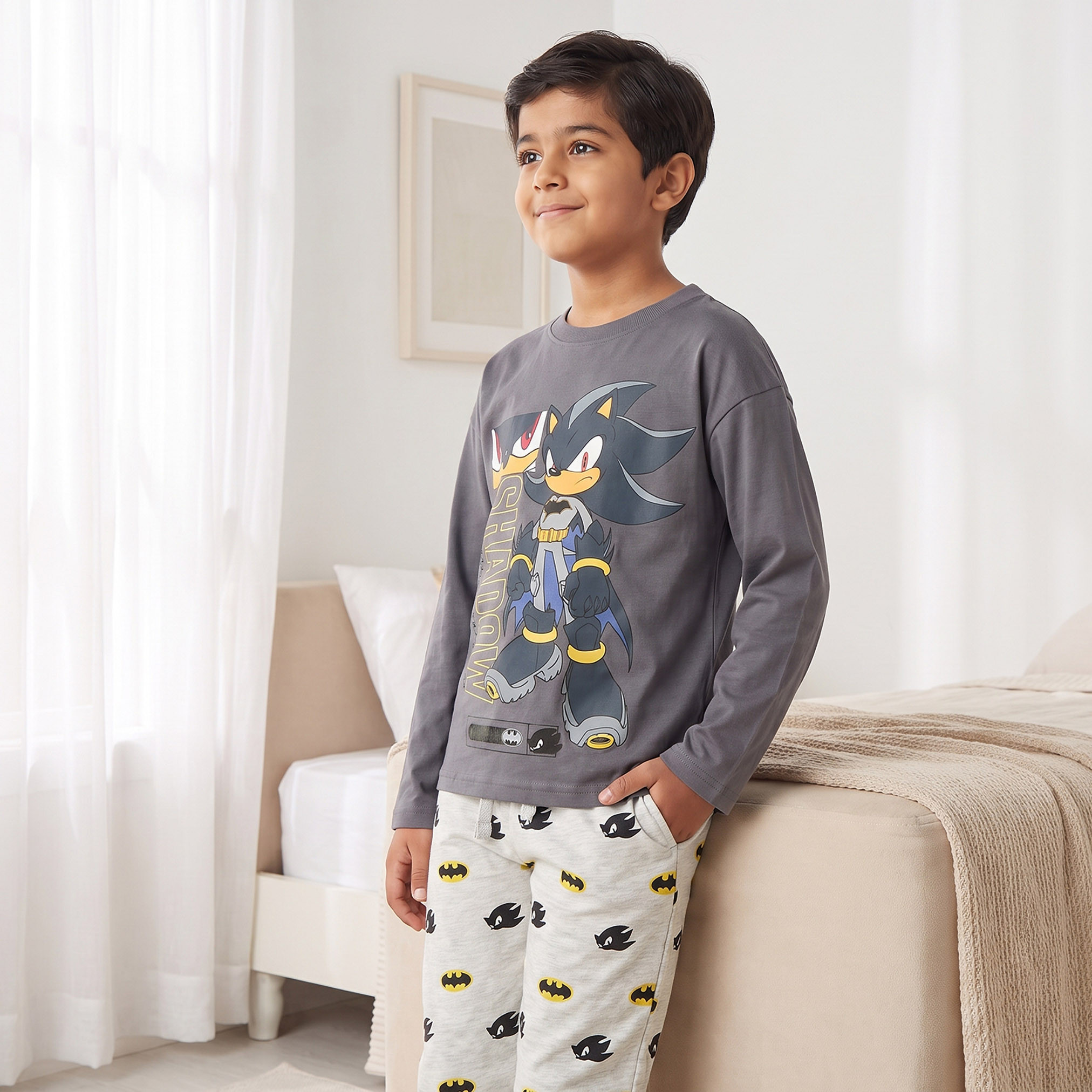 Cotton Crew Neck Long Sleeves Pyjama Set with Sonic and Batman Print-boys-clothing-nightwear-image-2