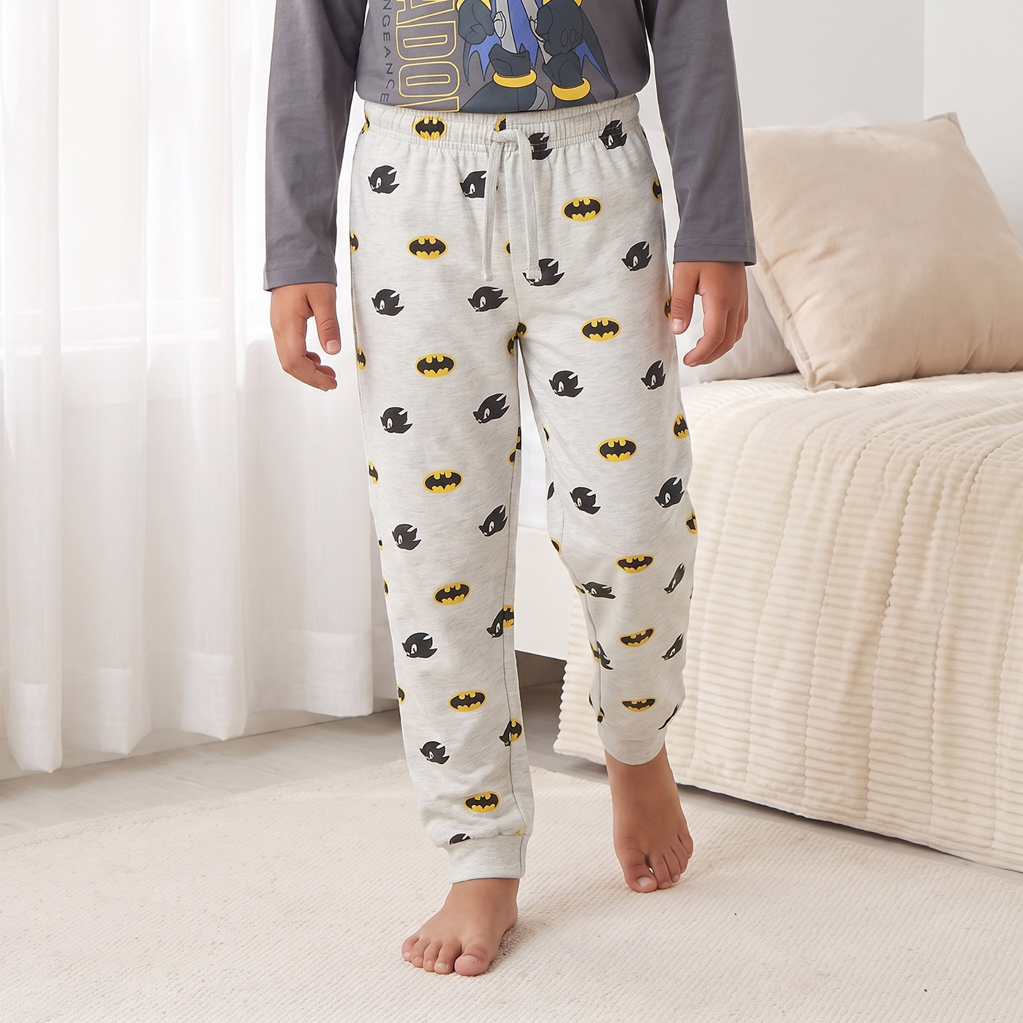 Cotton Crew Neck Long Sleeves Pyjama Set with Sonic and Batman Print-boys-clothing-nightwear-image-3