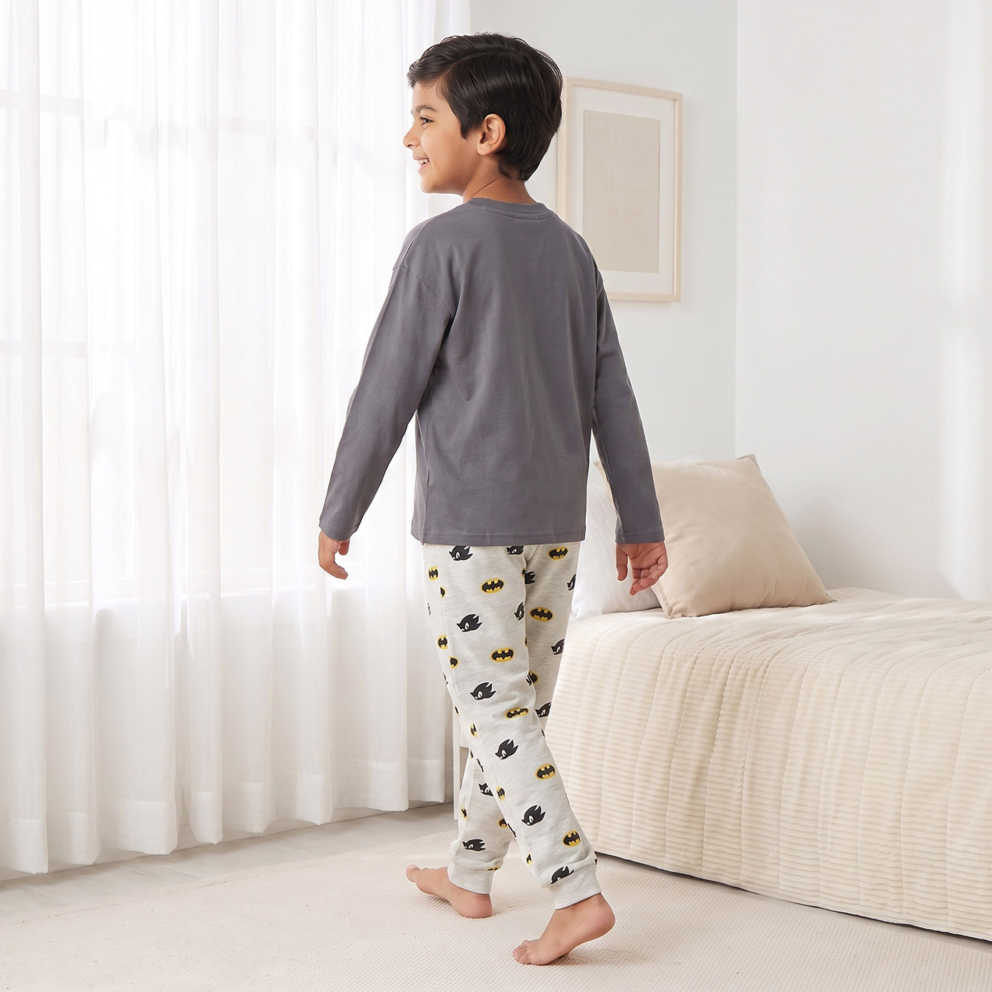 Cotton Crew Neck Long Sleeves Pyjama Set with Sonic and Batman Print-boys-clothing-nightwear-image-4