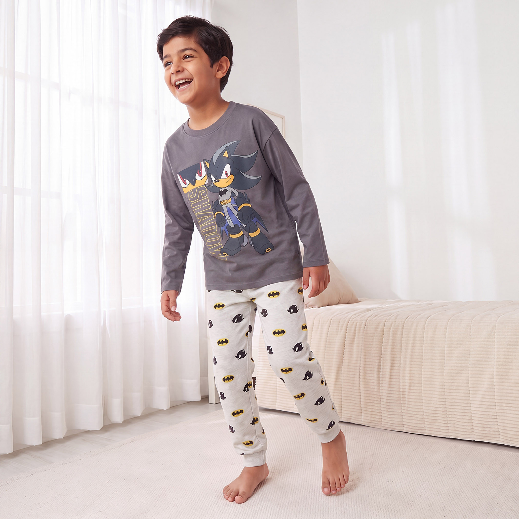 Cotton Crew Neck Long Sleeves Pyjama Set with Sonic and Batman Print-boys-clothing-nightwear-image-5