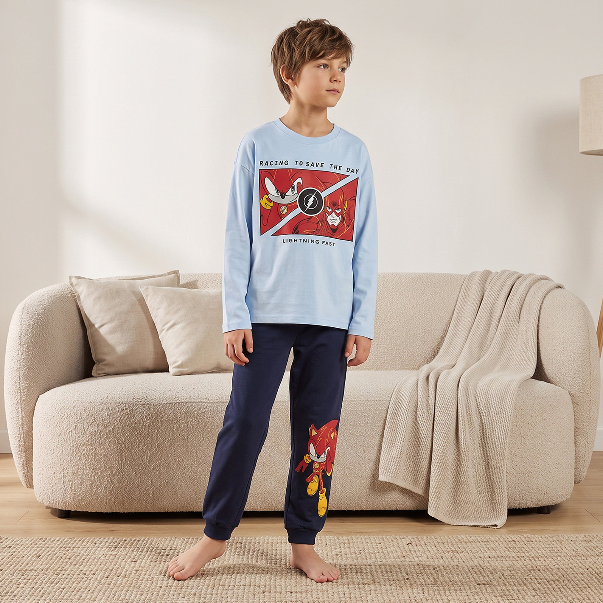 Cotton Crew Neck Long Sleeves Pyjama Set with Sonic Print-boys-clothing-nightwear-image-1