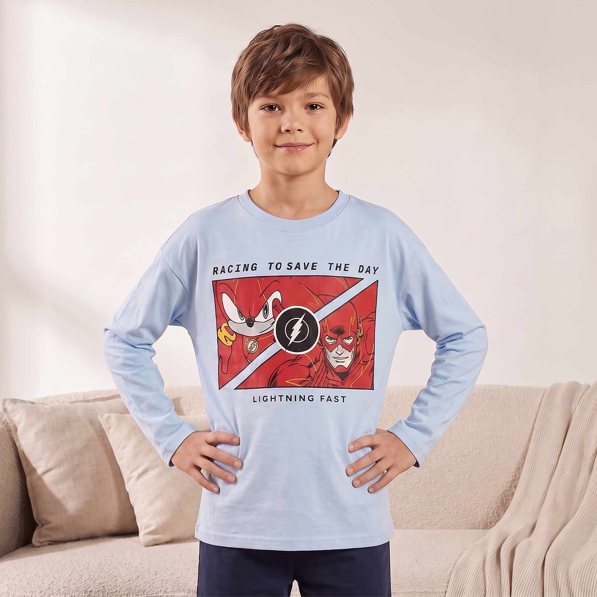 Cotton Crew Neck Long Sleeves Pyjama Set with Sonic Print-boys-clothing-nightwear-image-2