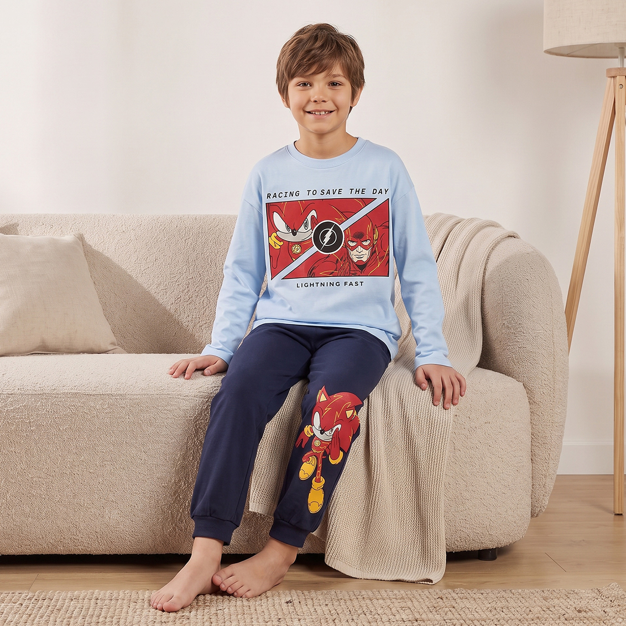 Cotton Crew Neck Long Sleeves Pyjama Set with Sonic Print-boys-clothing-nightwear-image-8