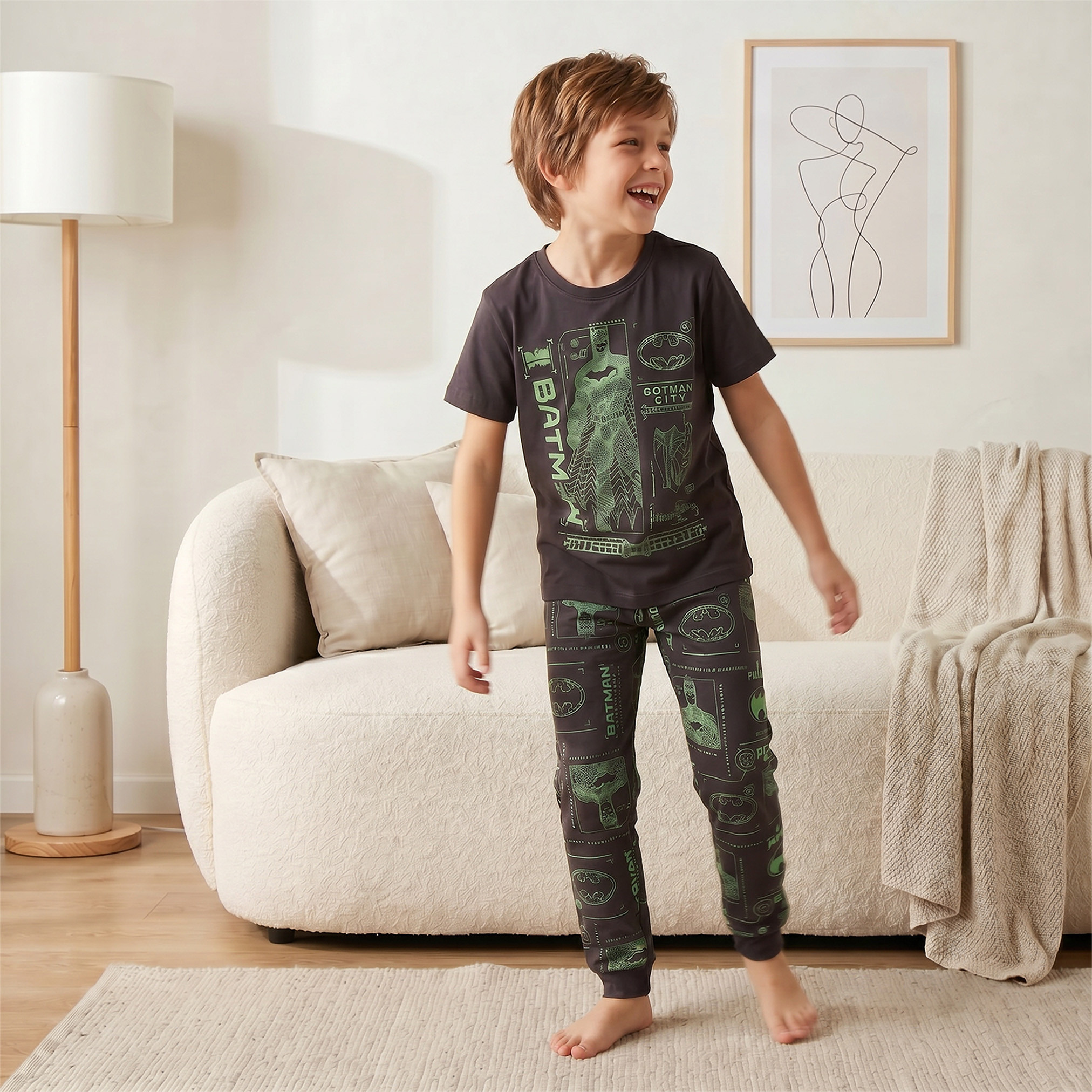 Cotton Crew Neck Short Sleeves Pyjama Set with Batman Print-boys-clothing-nightwear-image-1