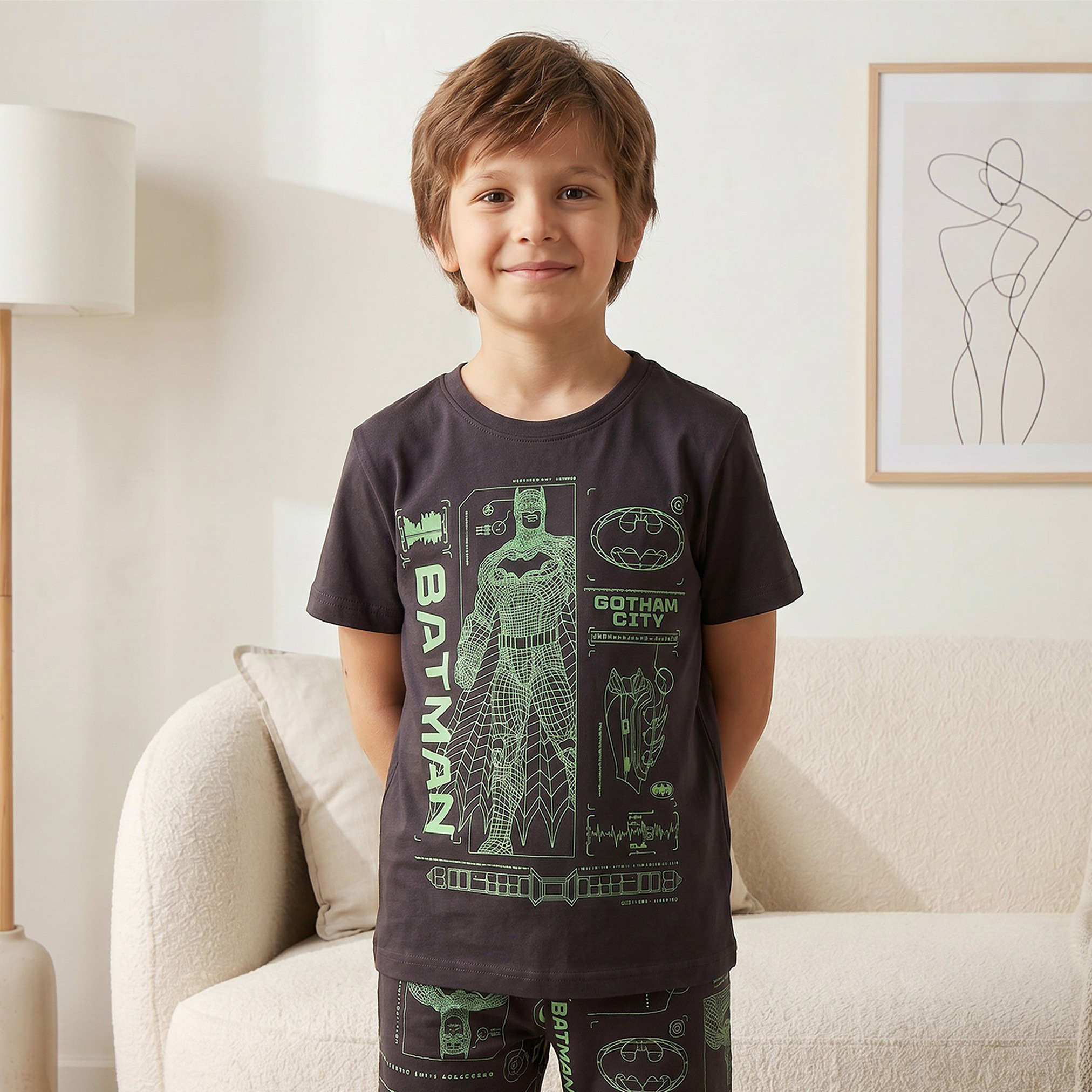 Cotton Crew Neck Short Sleeves Pyjama Set with Batman Print-boys-clothing-nightwear-image-2