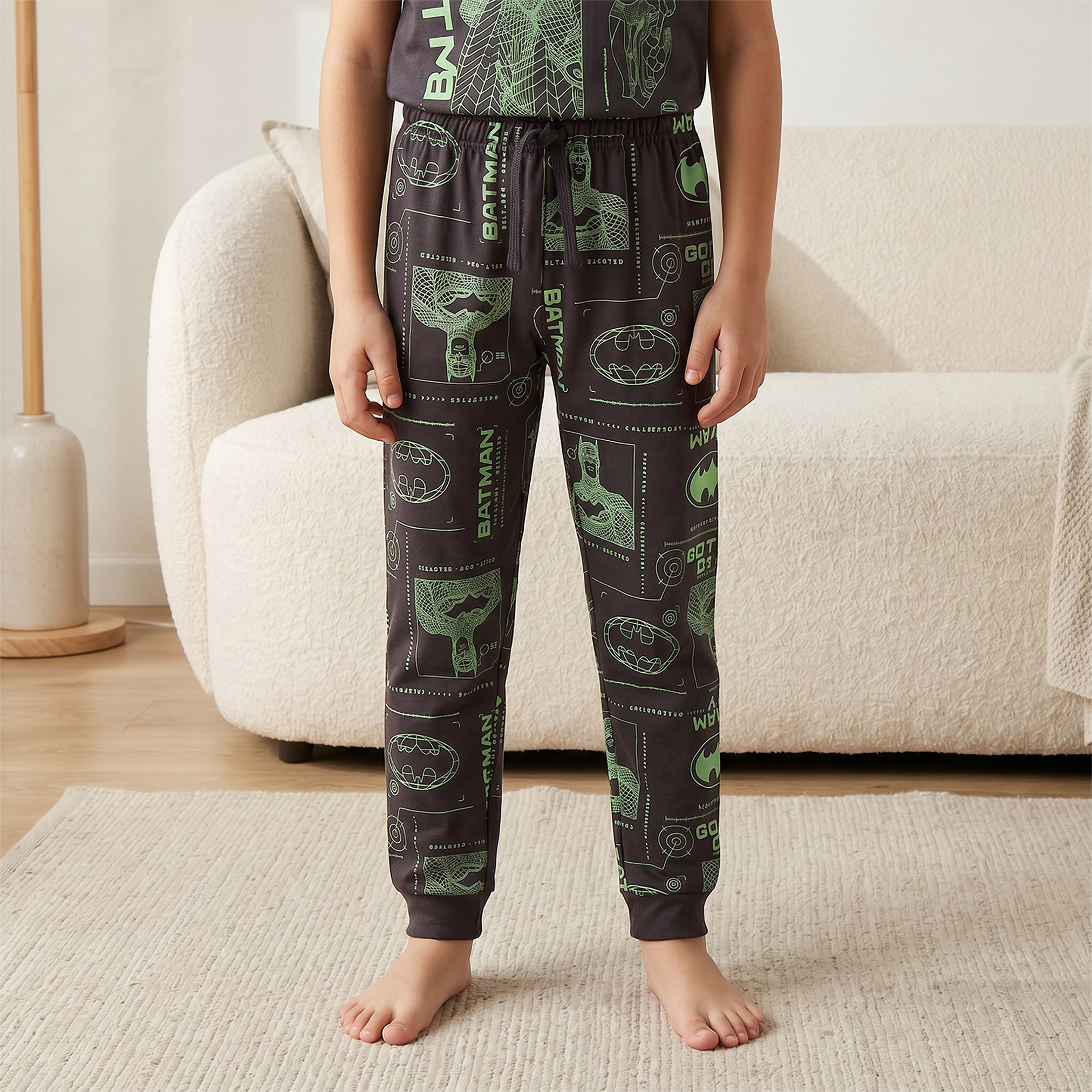Cotton Crew Neck Short Sleeves Pyjama Set with Batman Print-boys-clothing-nightwear-image-3