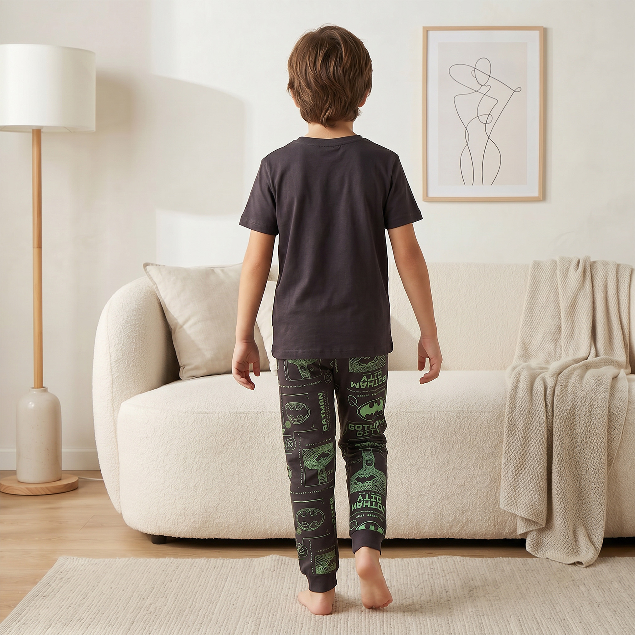 Cotton Crew Neck Short Sleeves Pyjama Set with Batman Print-boys-clothing-nightwear-image-4