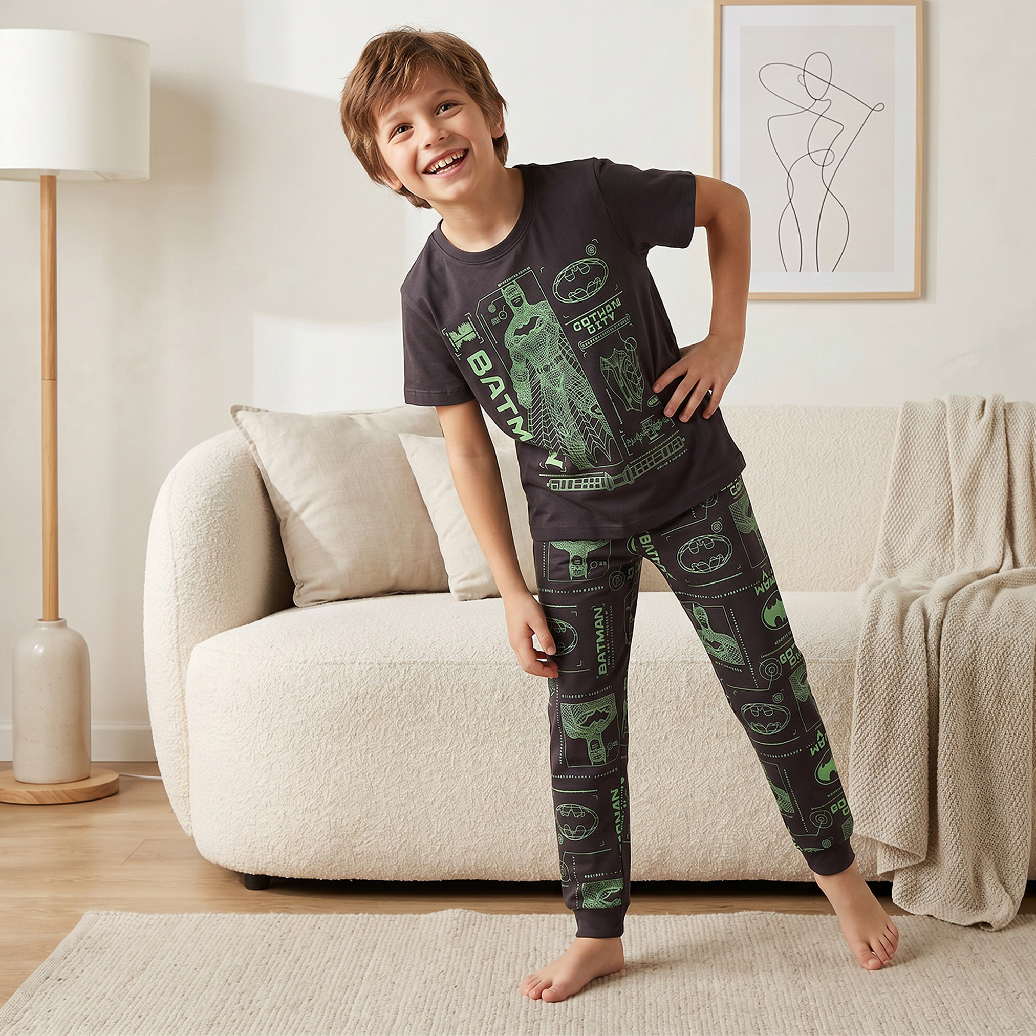 Cotton Crew Neck Short Sleeves Pyjama Set with Batman Print-boys-clothing-nightwear-image-7