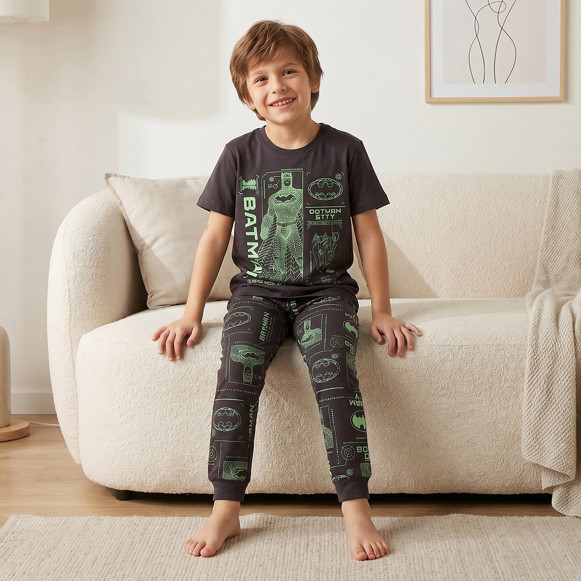 Cotton Crew Neck Short Sleeves Pyjama Set with Batman Print-boys-clothing-nightwear-image-8