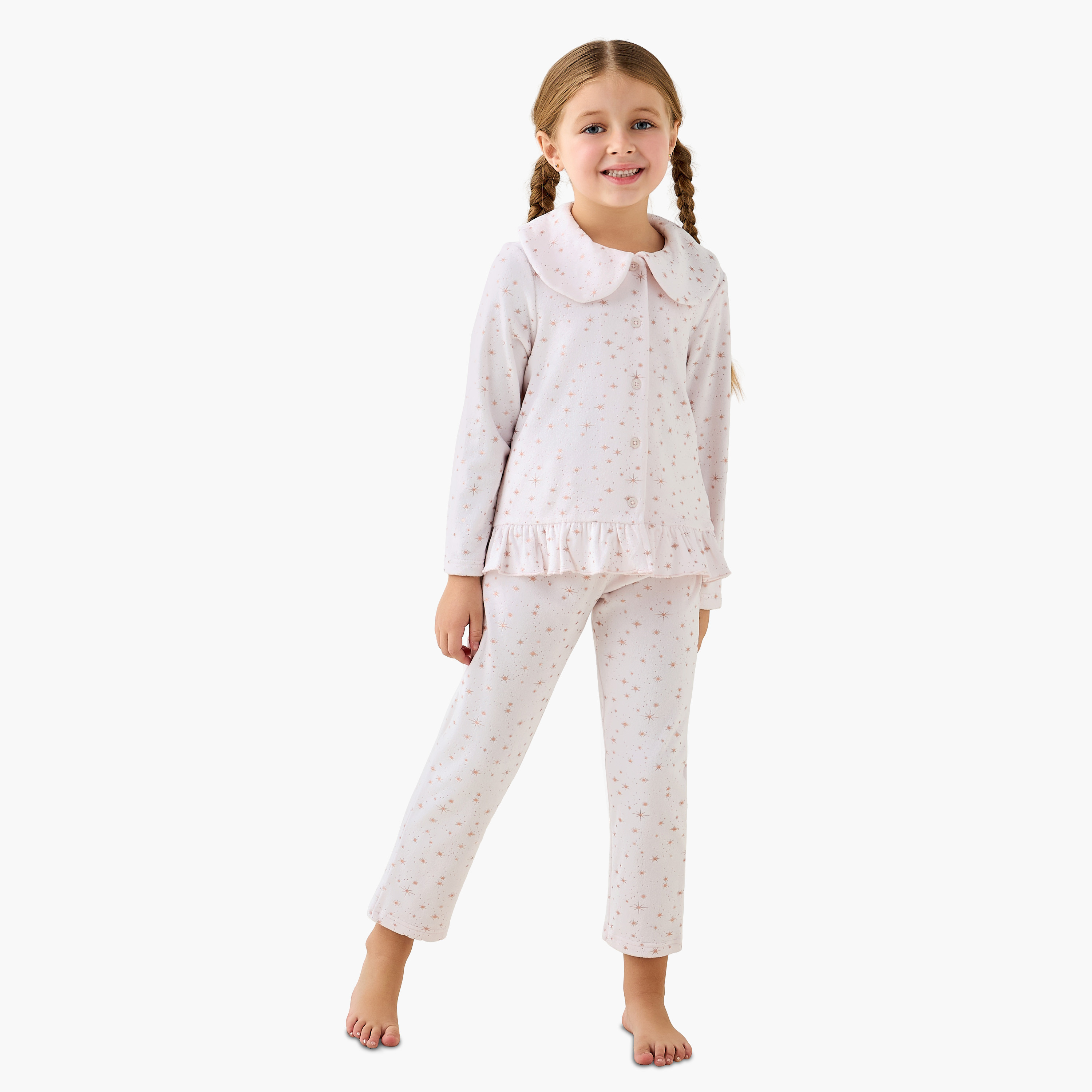 Juniors Cotton Peter Pan Collar Long Sleeves Pyjama Set with Star Print-baby-girls-clothing-nightwear-pyjamasets-image-1