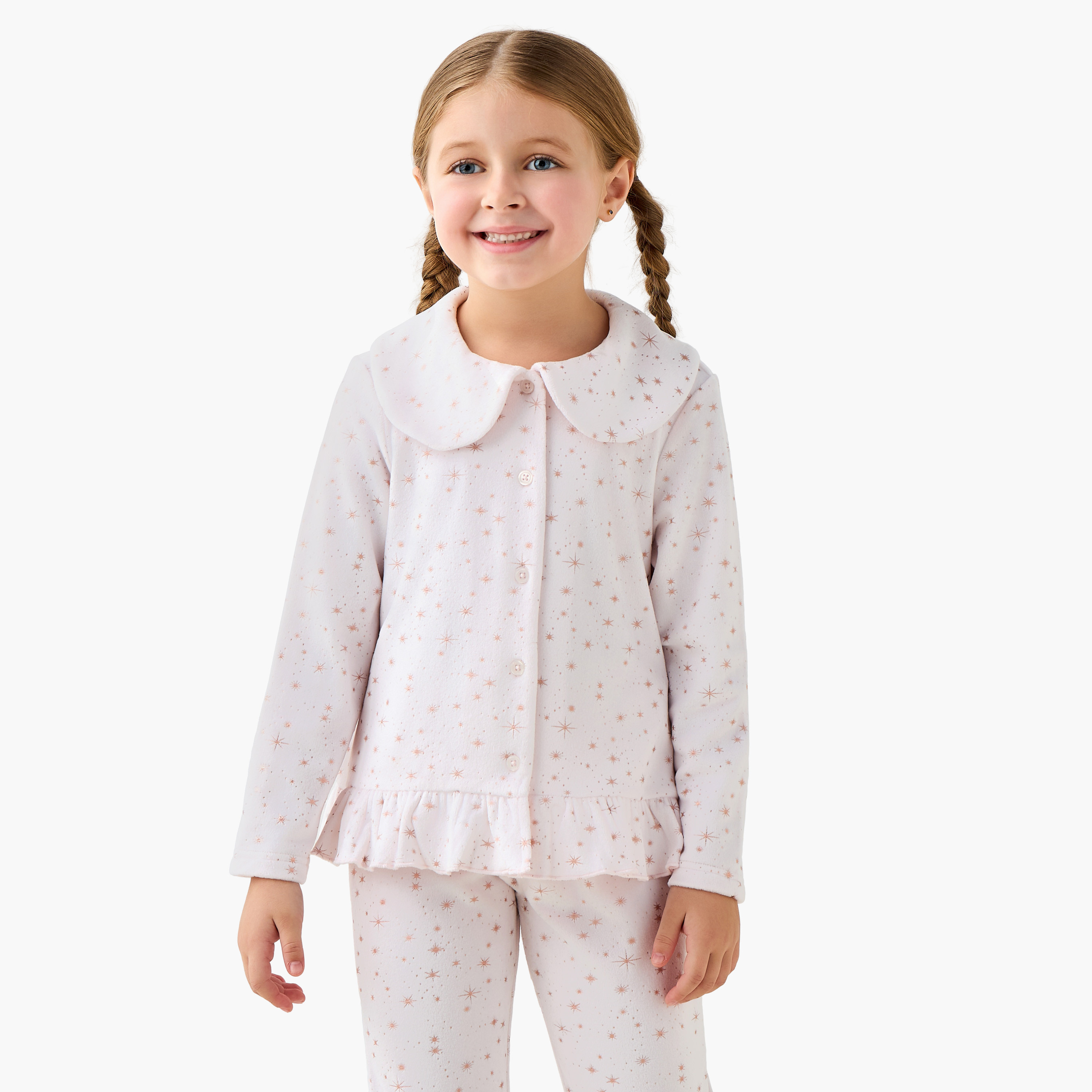 Juniors Cotton Peter Pan Collar Long Sleeves Pyjama Set with Star Print-baby-girls-clothing-nightwear-pyjamasets-image-2