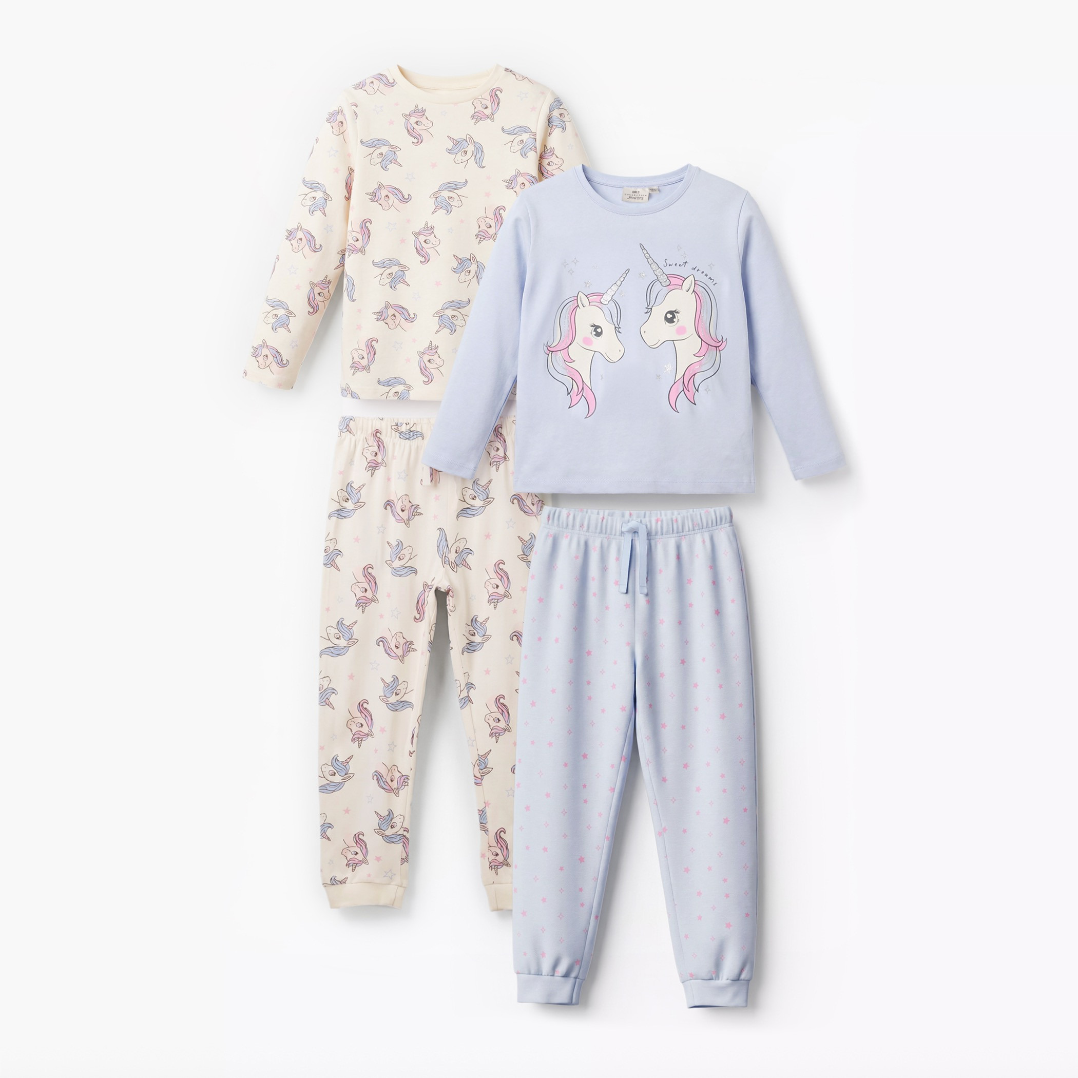 Pack of 2 Juniors Cotton Crew Neck Long Sleeves Pyjama Set with Unicorn Print-girls-clothing-nightwear-image-1