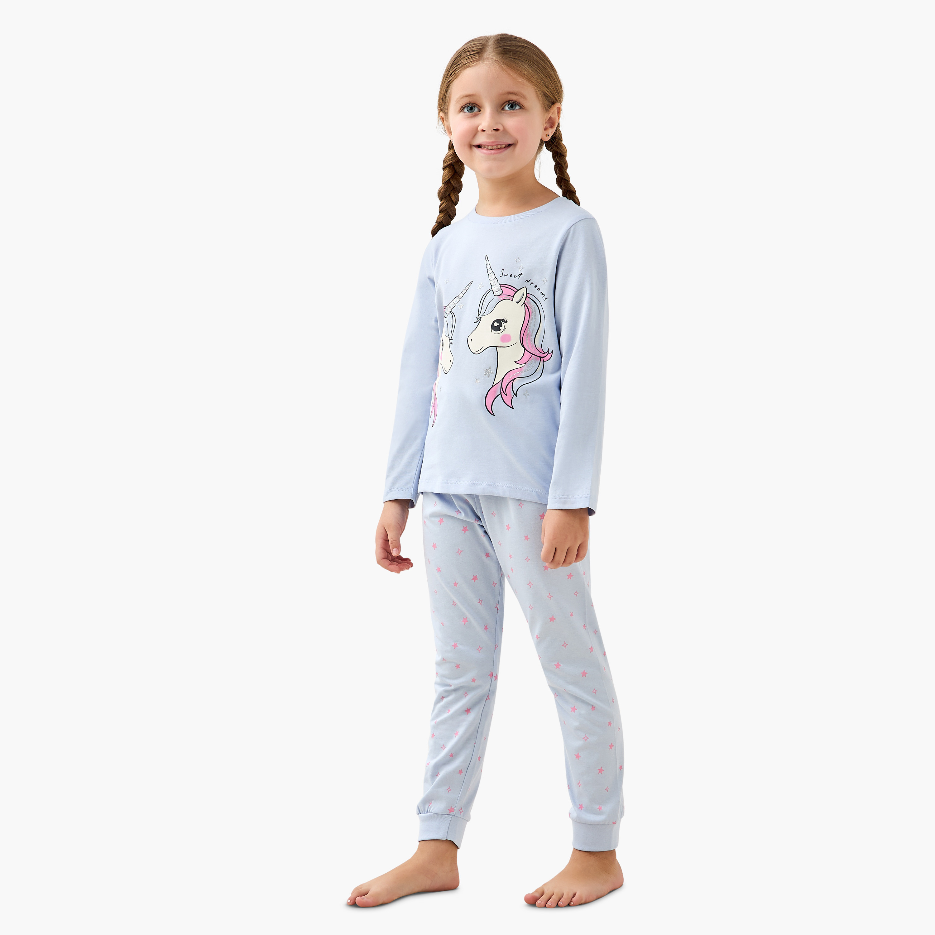 Pack of 2 Juniors Cotton Crew Neck Long Sleeves Pyjama Set with Unicorn Print-girls-clothing-nightwear-image-2