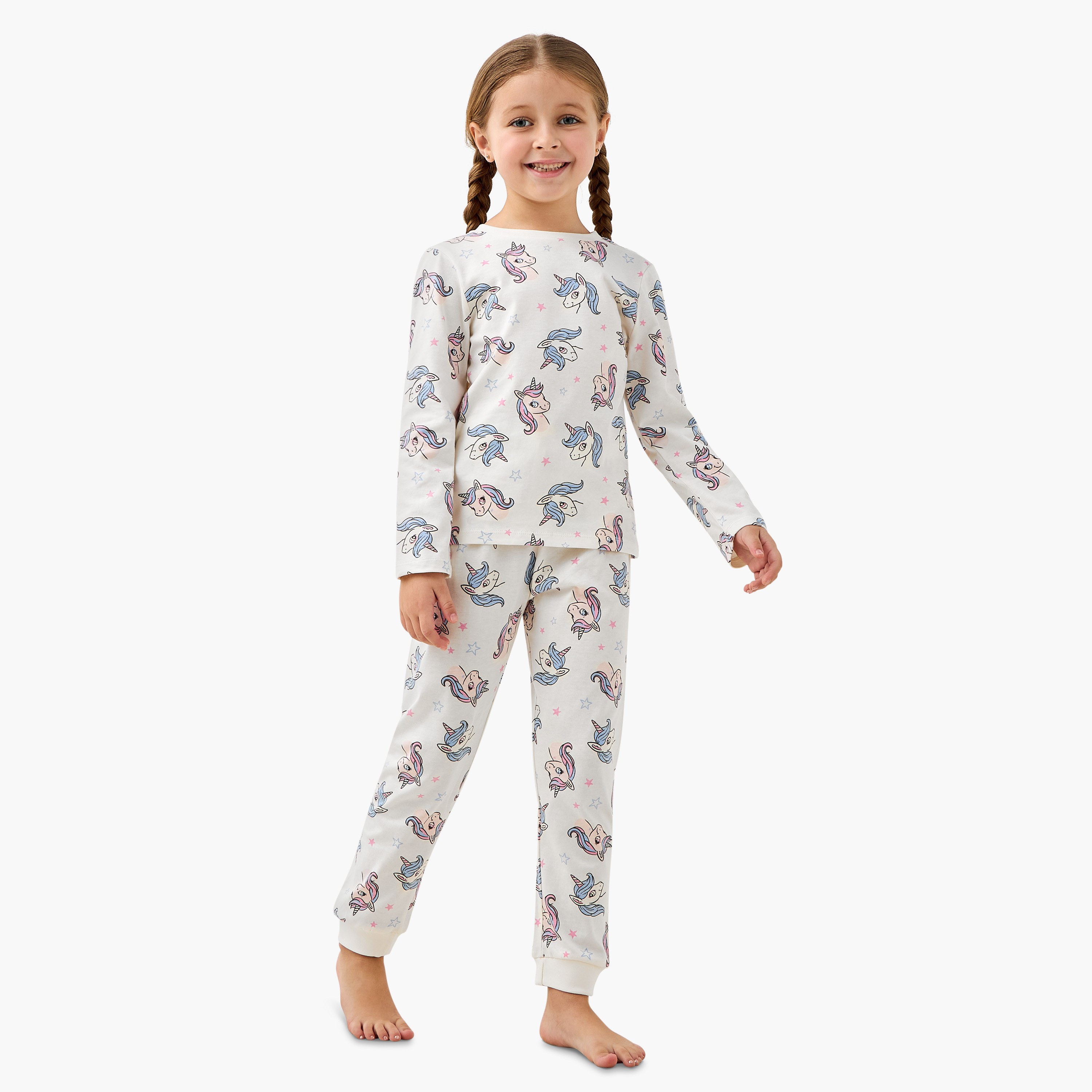 Pack of 2 Juniors Cotton Crew Neck Long Sleeves Pyjama Set with Unicorn Print-girls-clothing-nightwear-image-3