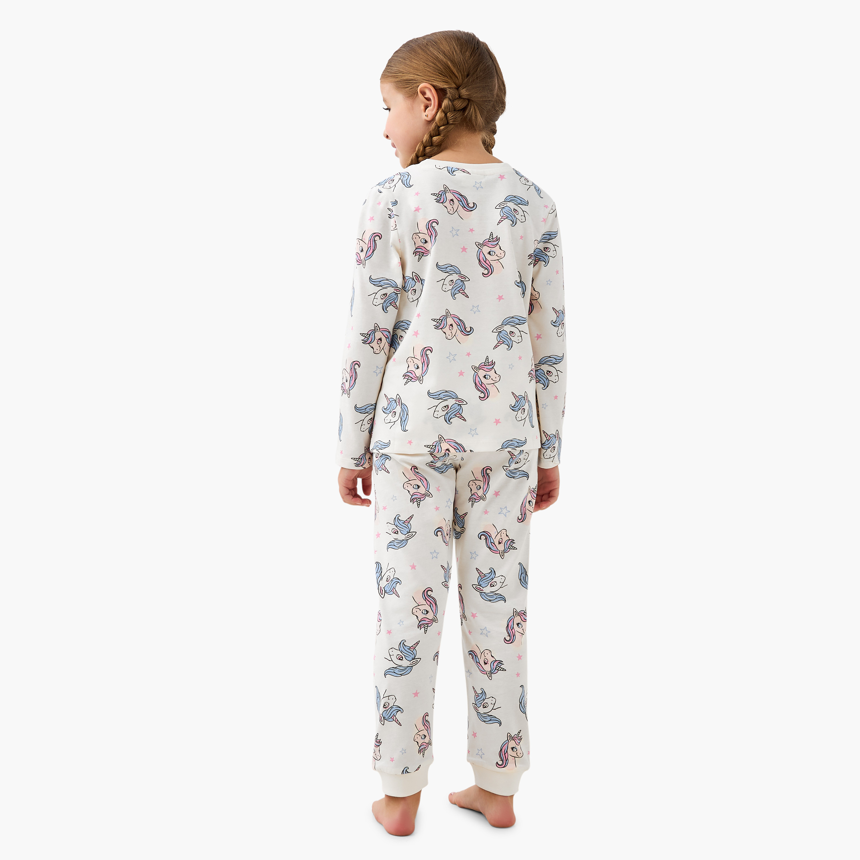 Pack of 2 Juniors Cotton Crew Neck Long Sleeves Pyjama Set with Unicorn Print-girls-clothing-nightwear-image-4