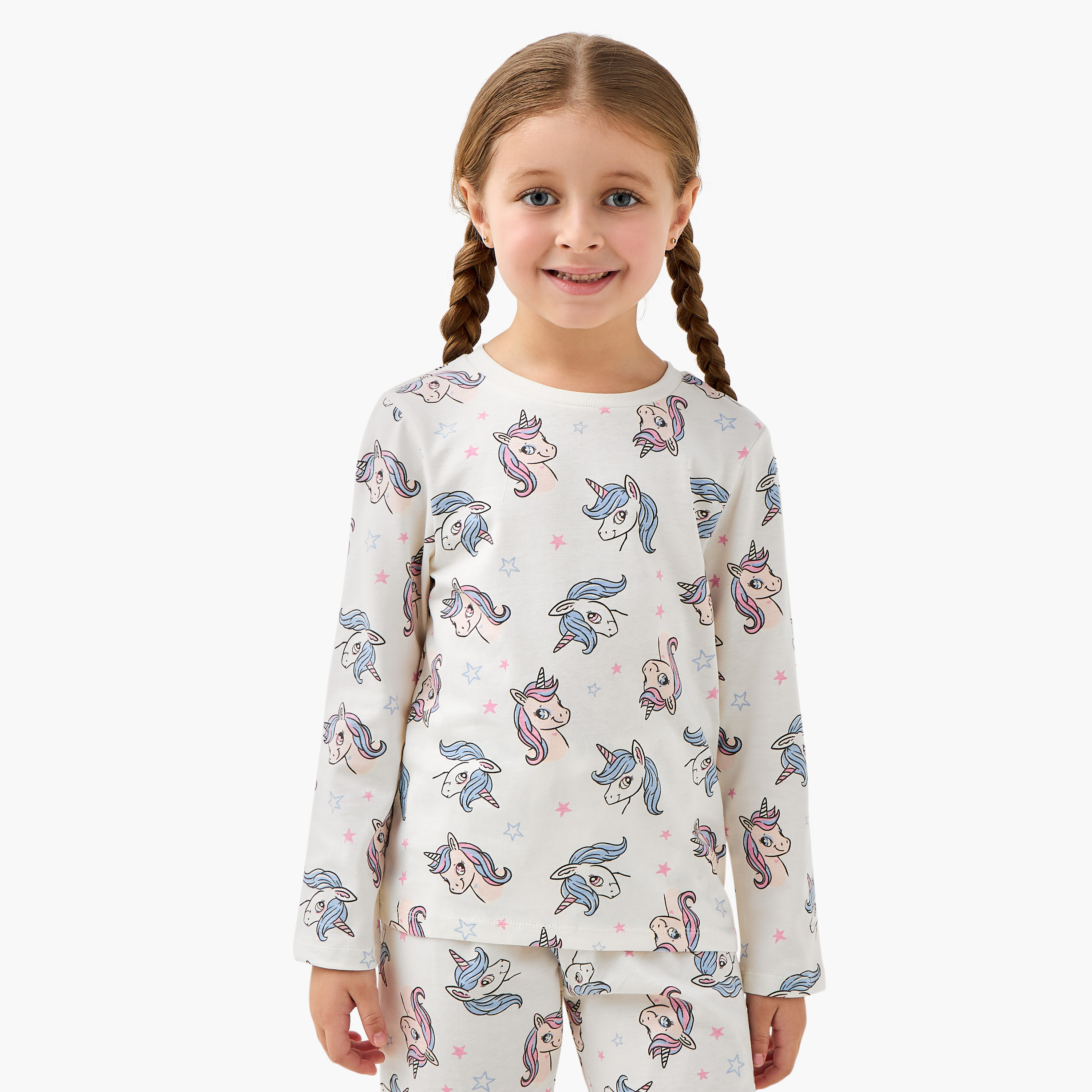 Pack of 2 Juniors Cotton Crew Neck Long Sleeves Pyjama Set with Unicorn Print-girls-clothing-nightwear-image-5