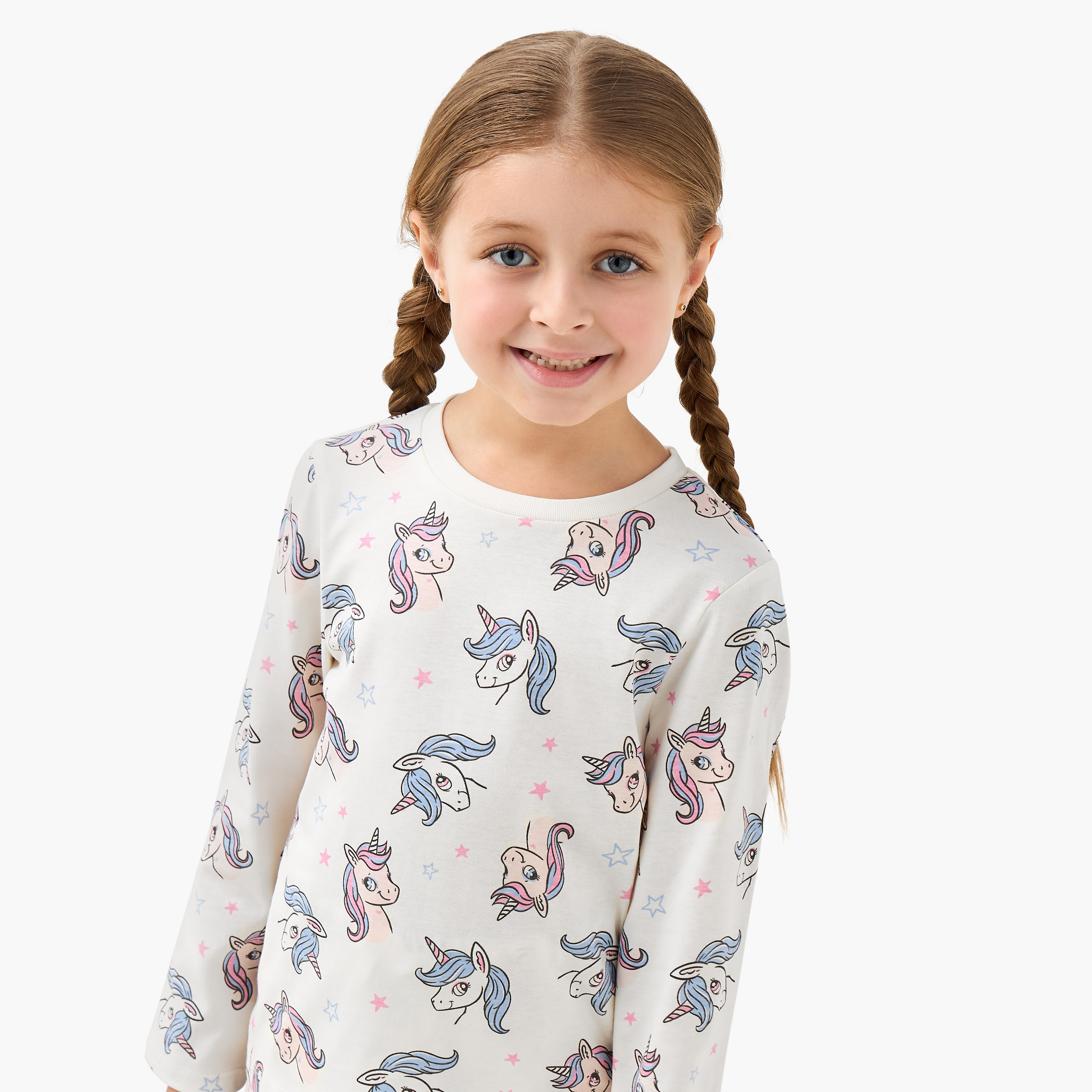 Pack of 2 Juniors Cotton Crew Neck Long Sleeves Pyjama Set with Unicorn Print-girls-clothing-nightwear-image-7