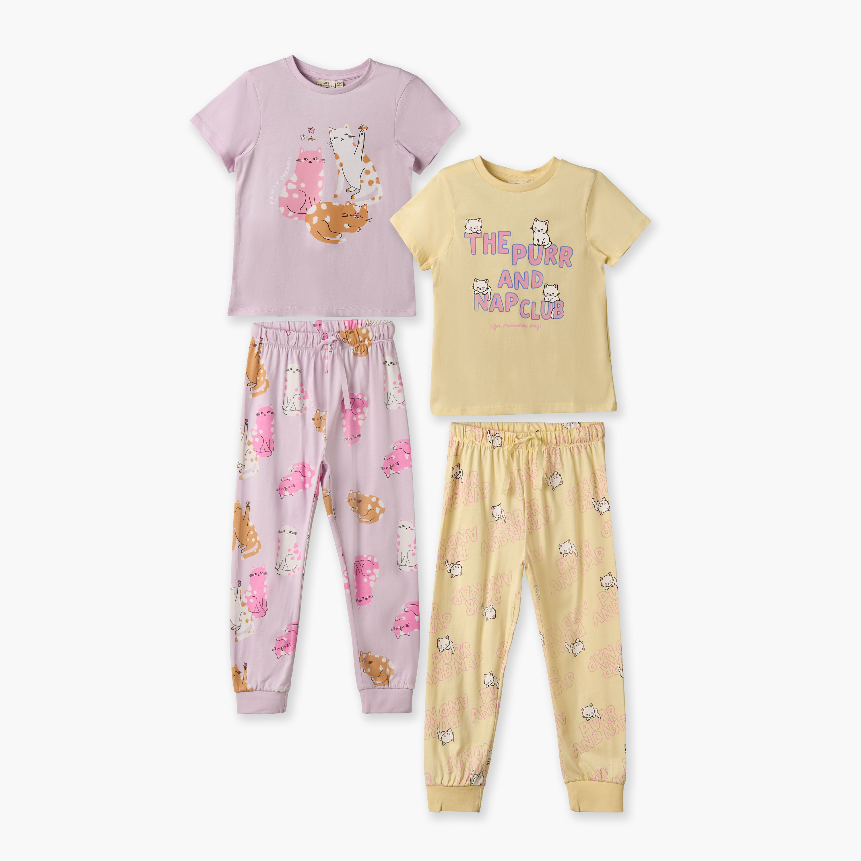 Pack of 2 Juniors Cotton Round Neck Short Sleeves Pyjama Set with Cat Print-girls-clothing-nightwear-image-1