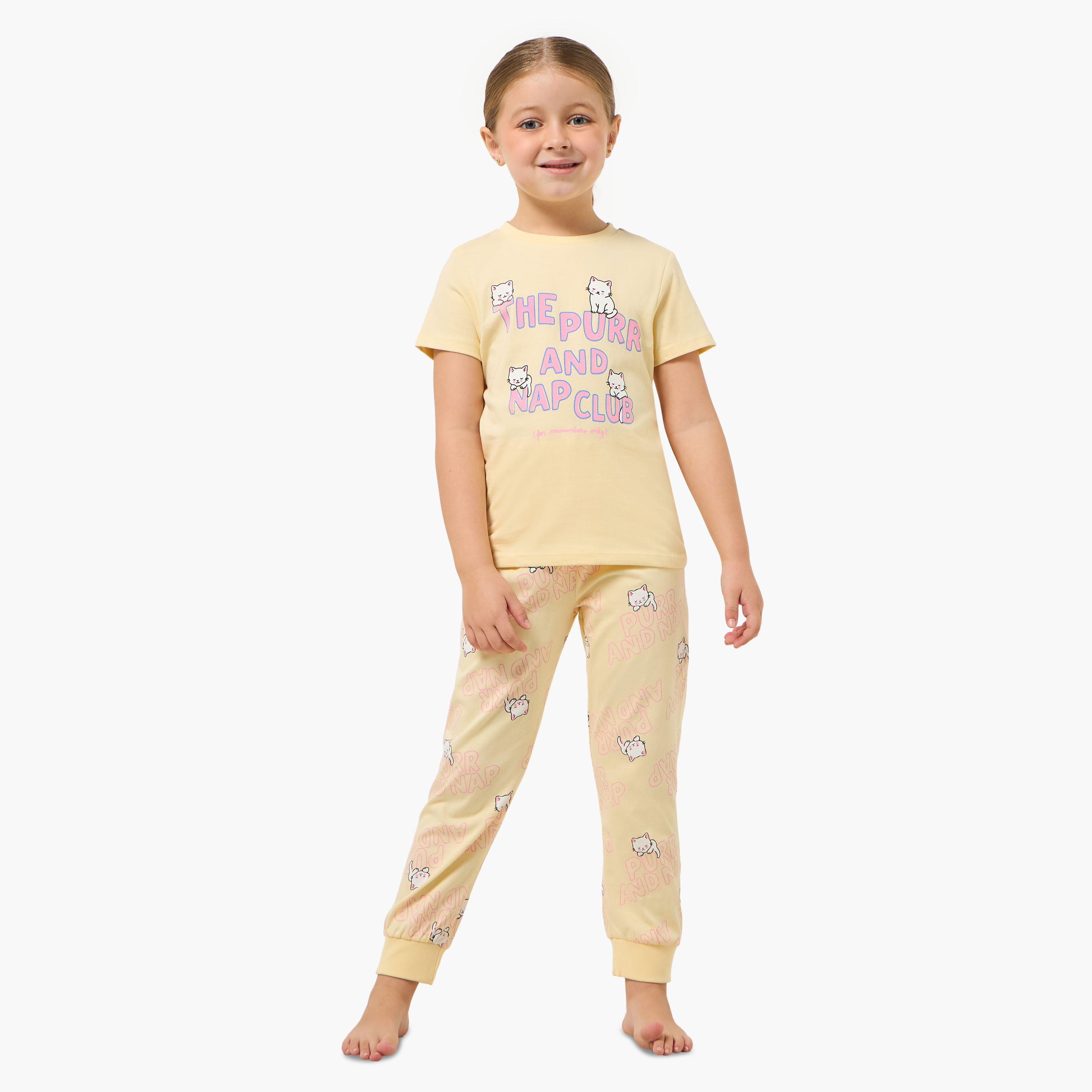 Pack of 2 Juniors Cotton Round Neck Short Sleeves Pyjama Set with Cat Print-girls-clothing-nightwear-image-2