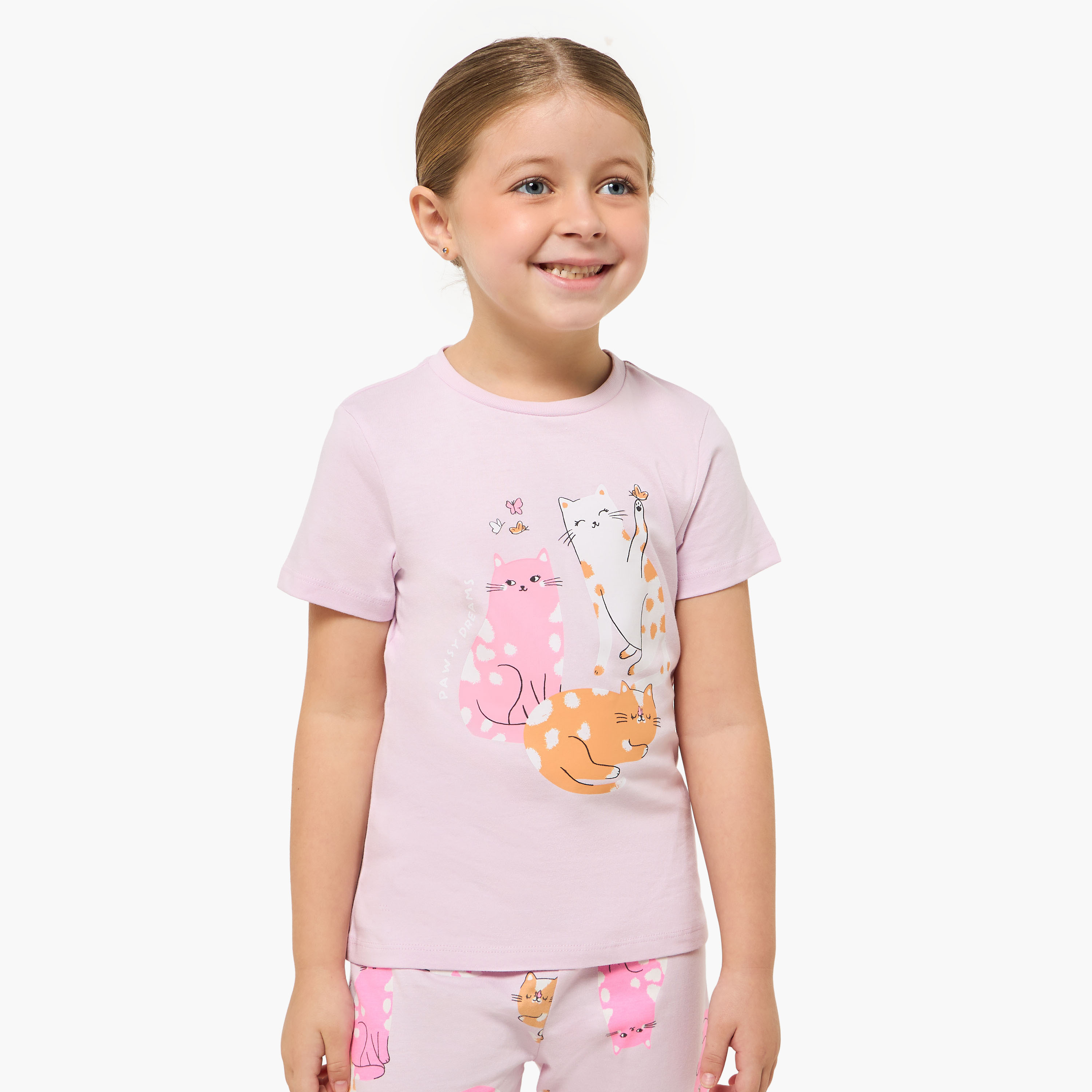 Pack of 2 Juniors Cotton Round Neck Short Sleeves Pyjama Set with Cat Print-girls-clothing-nightwear-image-3