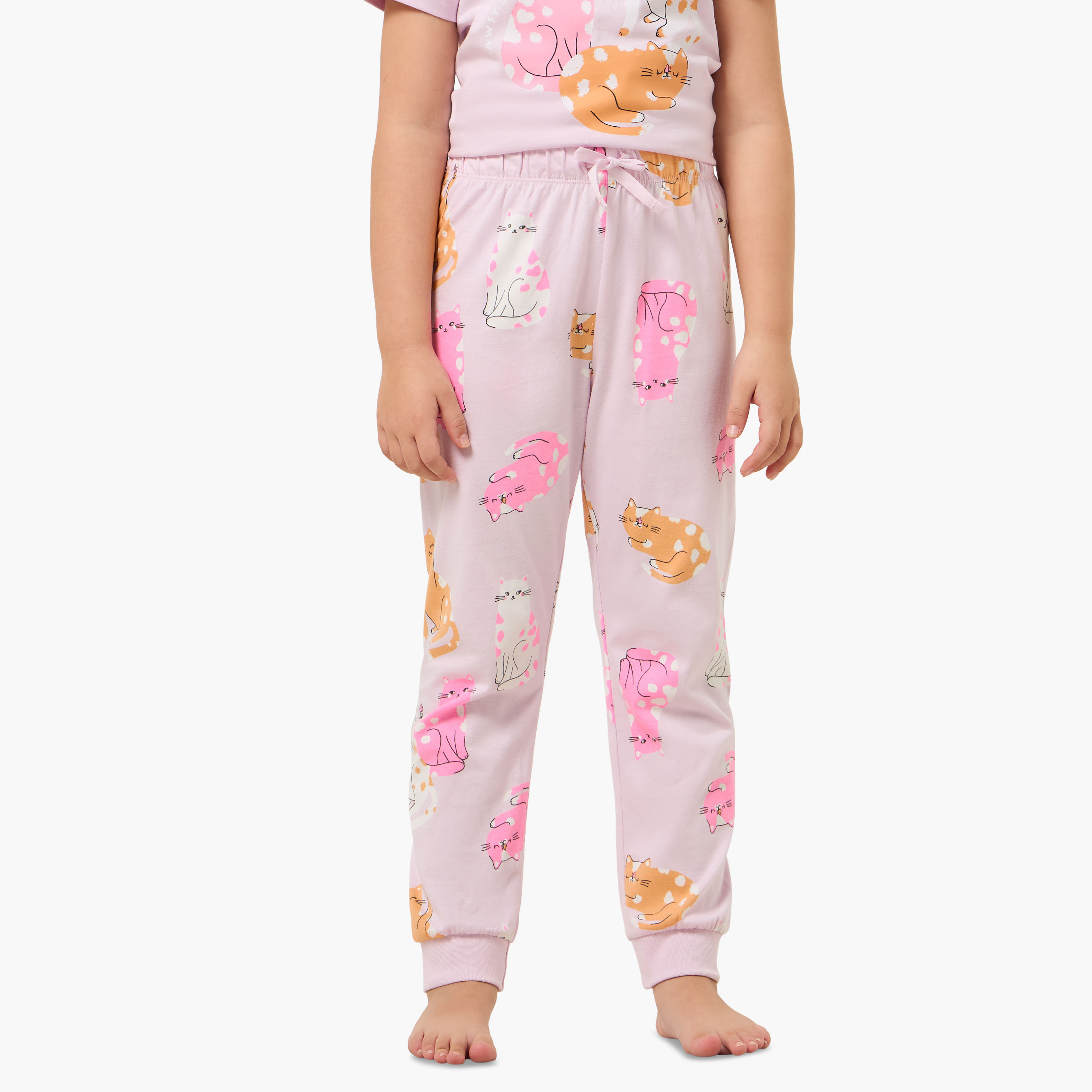Pack of 2 Juniors Cotton Round Neck Short Sleeves Pyjama Set with Cat Print-girls-clothing-nightwear-image-4