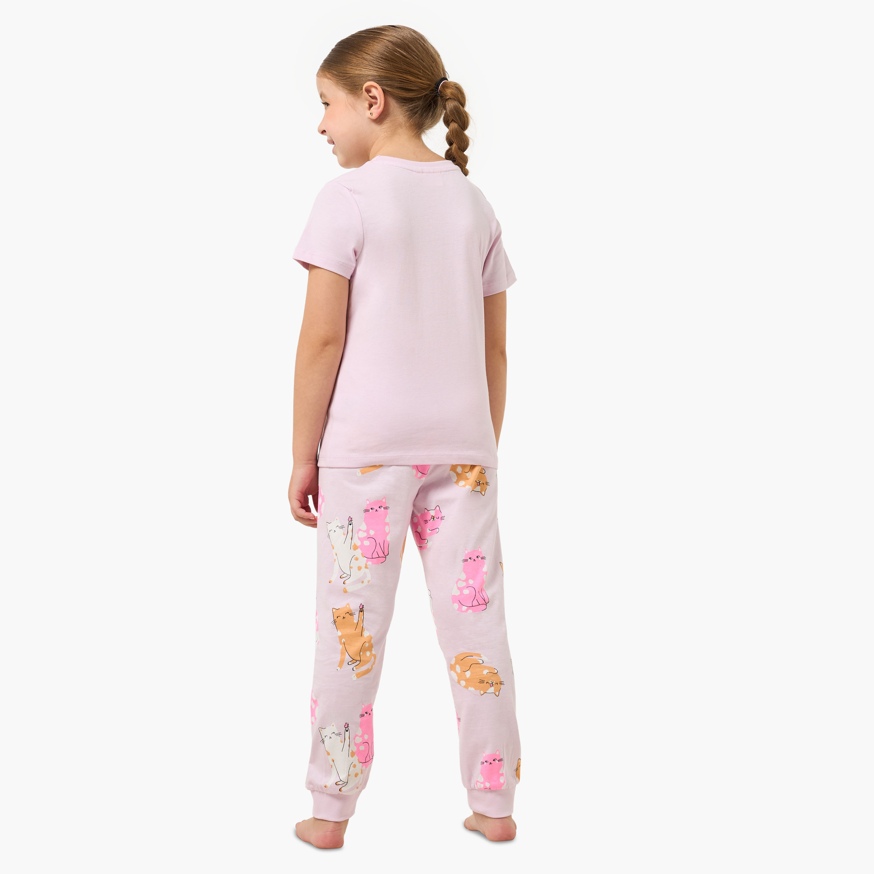 Pack of 2 Juniors Cotton Round Neck Short Sleeves Pyjama Set with Cat Print-girls-clothing-nightwear-image-5