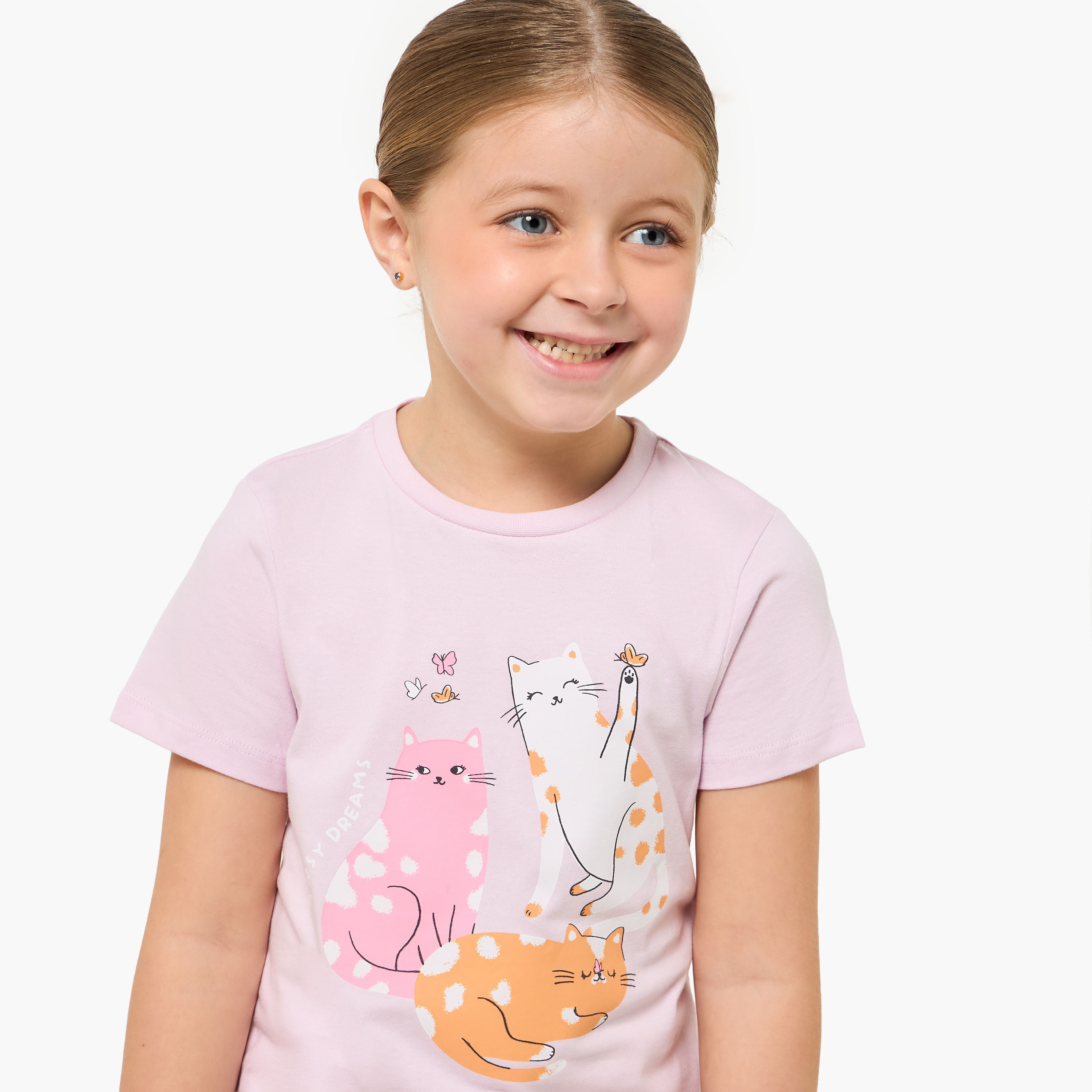 Pack of 2 Juniors Cotton Round Neck Short Sleeves Pyjama Set with Cat Print-girls-clothing-nightwear-image-6
