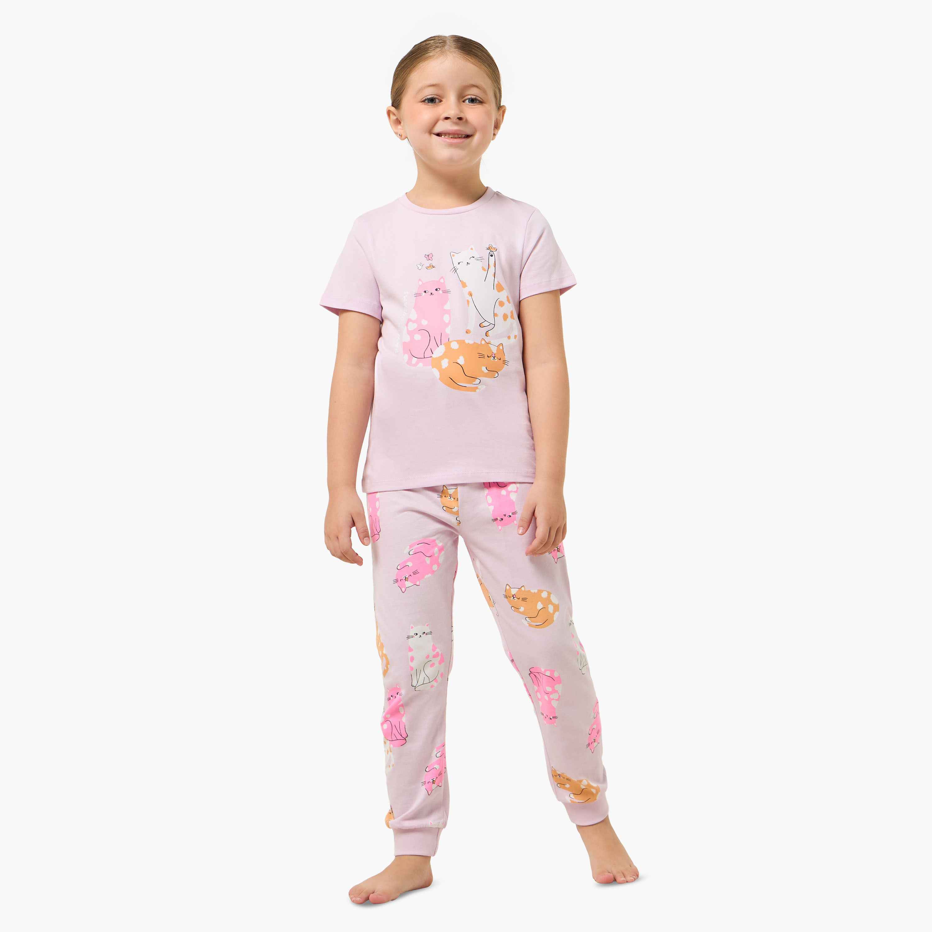 Pack of 2 Juniors Cotton Round Neck Short Sleeves Pyjama Set with Cat Print-girls-clothing-nightwear-image-8