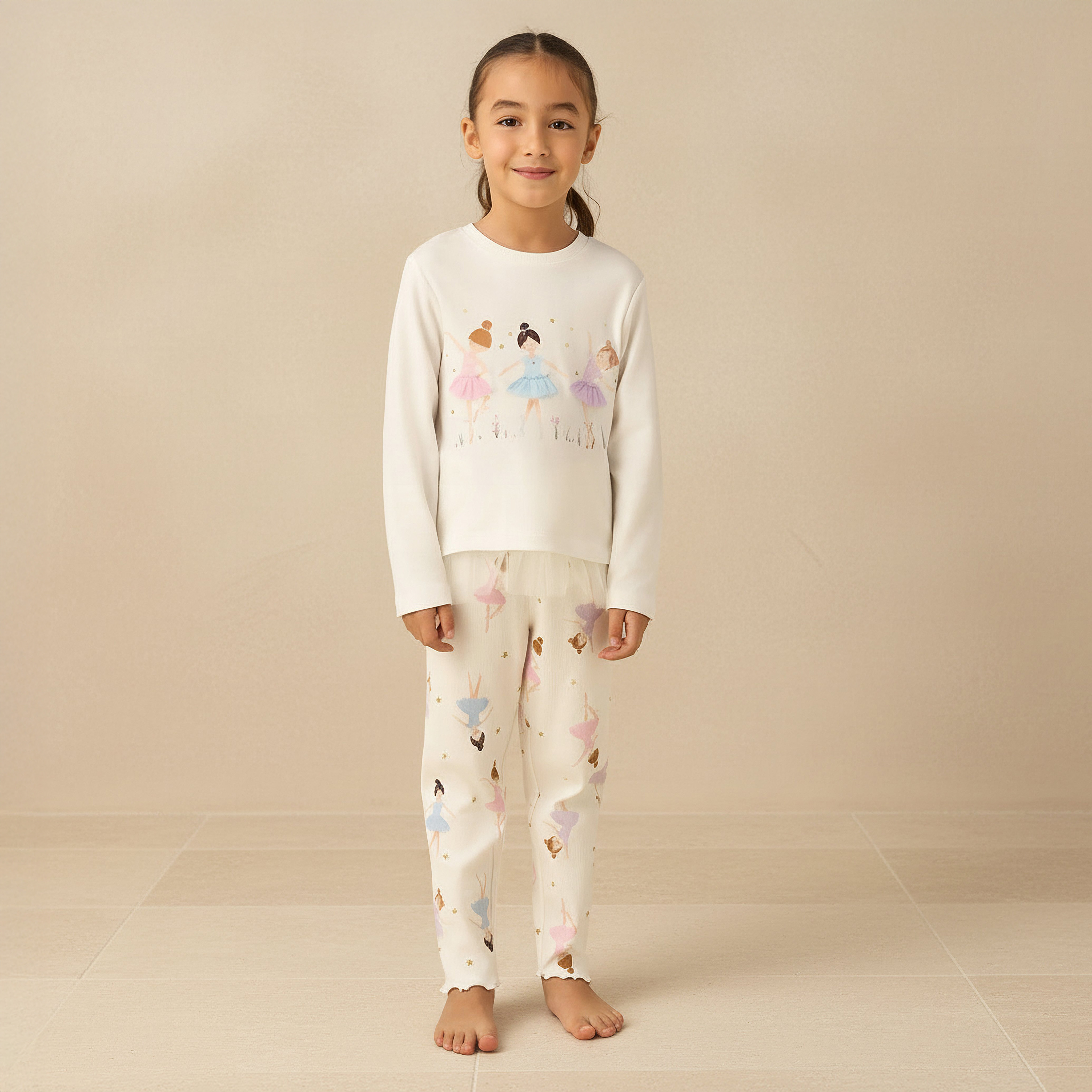 Juniors Cotton Crew Neck Long Sleeves Pyjama Set with Ballerina Print-girls-clothing-nightwear-image-1