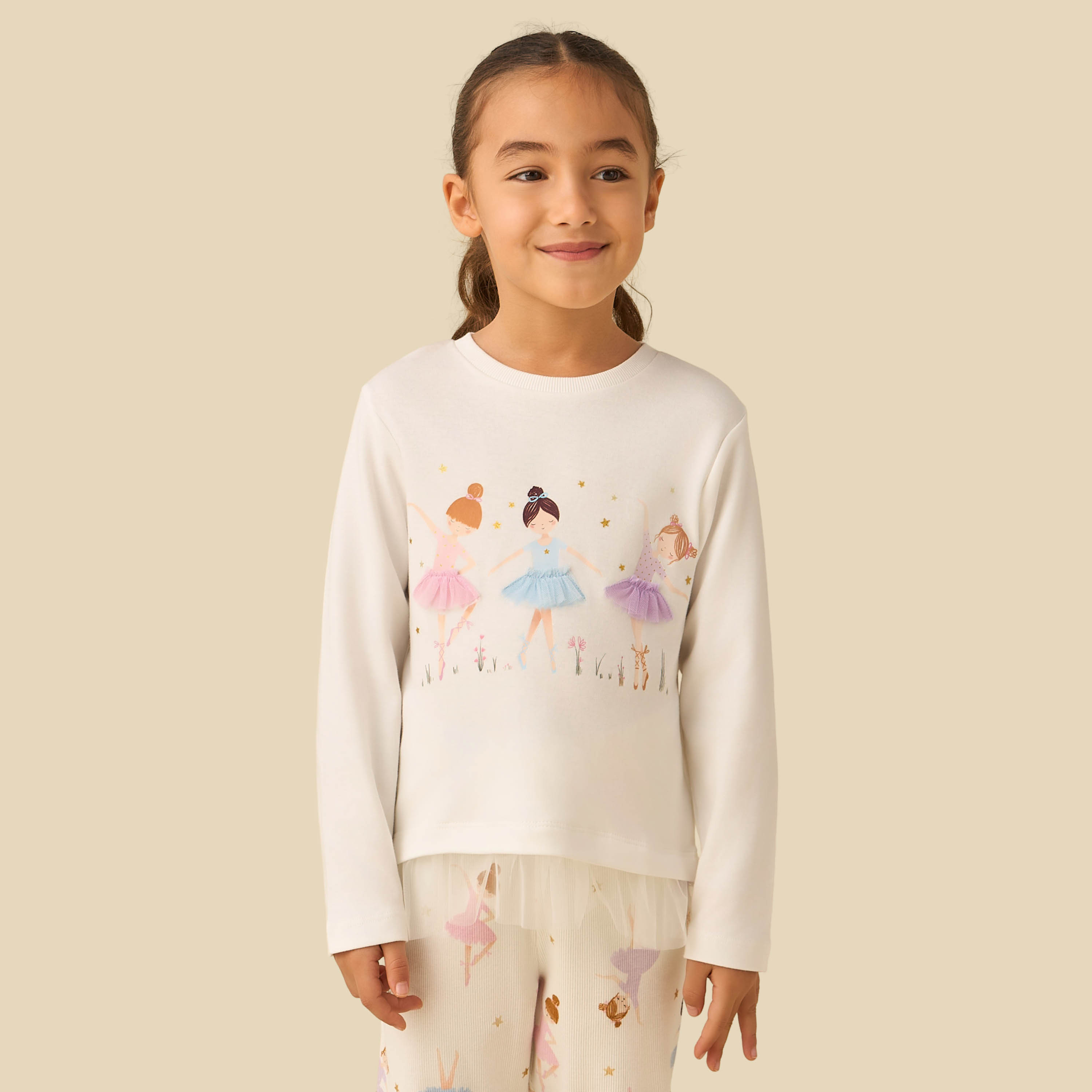 Juniors Cotton Crew Neck Long Sleeves Pyjama Set with Ballerina Print-girls-clothing-nightwear-image-2