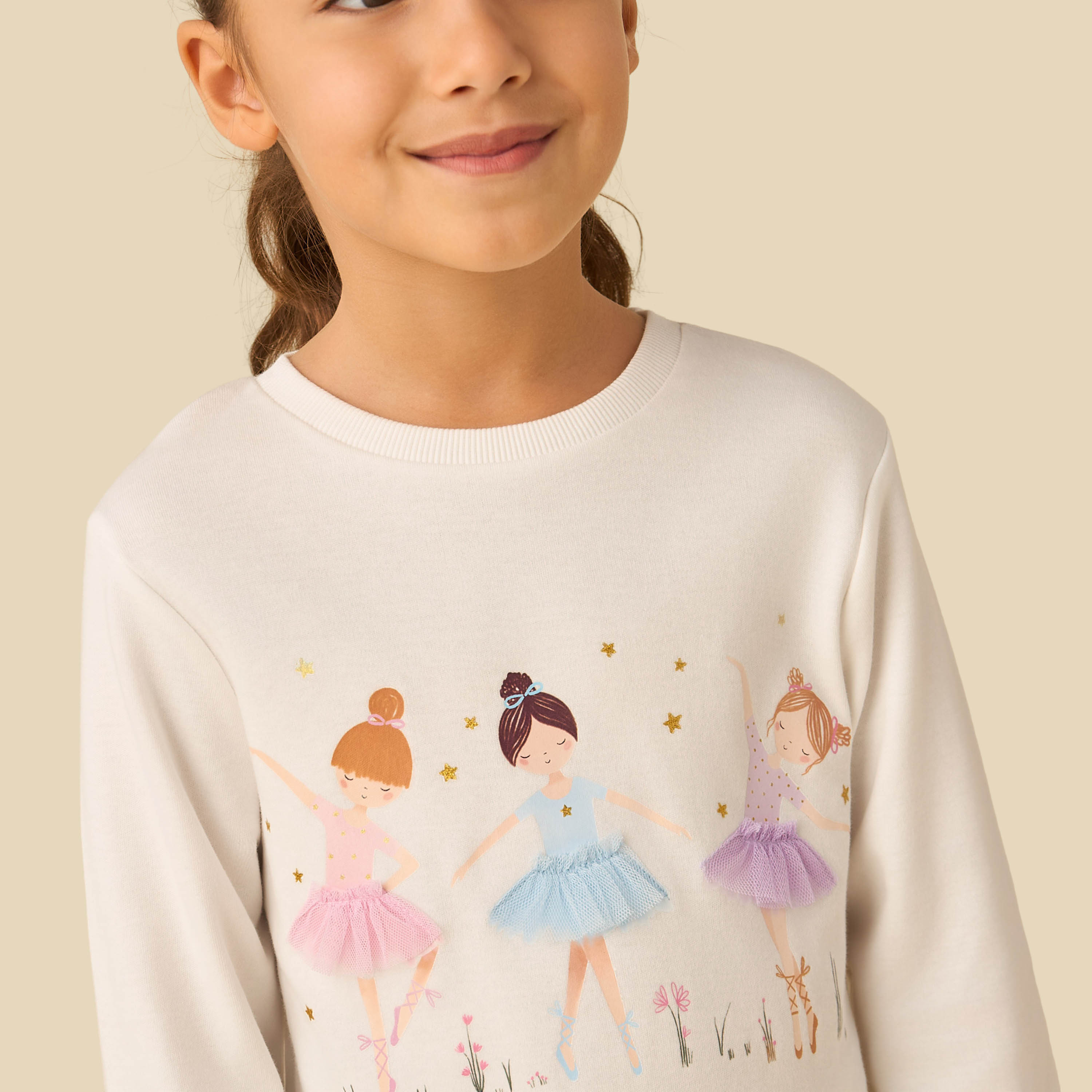 Juniors Cotton Crew Neck Long Sleeves Pyjama Set with Ballerina Print-girls-clothing-nightwear-image-5